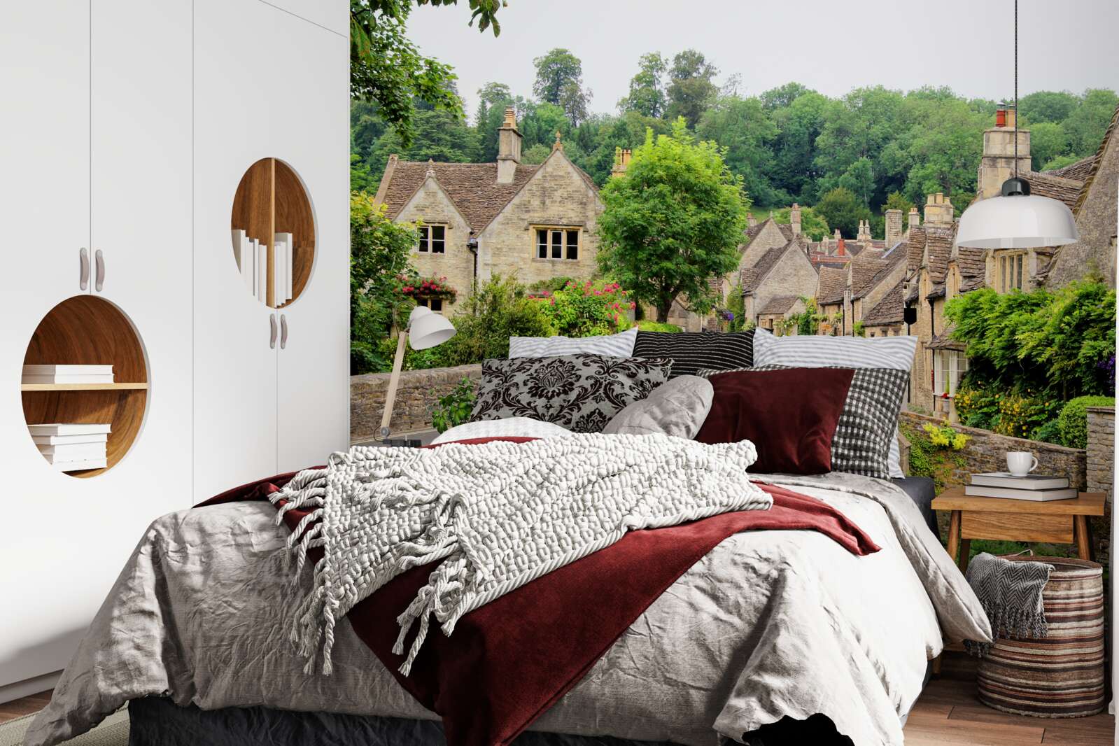 Fototapet clădiri antice cu acoperire de mușchi verde și pod