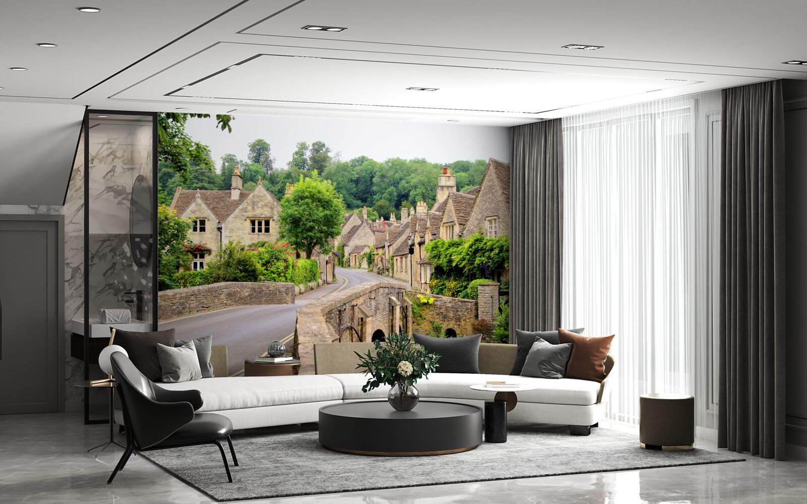 Fototapet clădiri antice cu acoperire de mușchi verde și pod