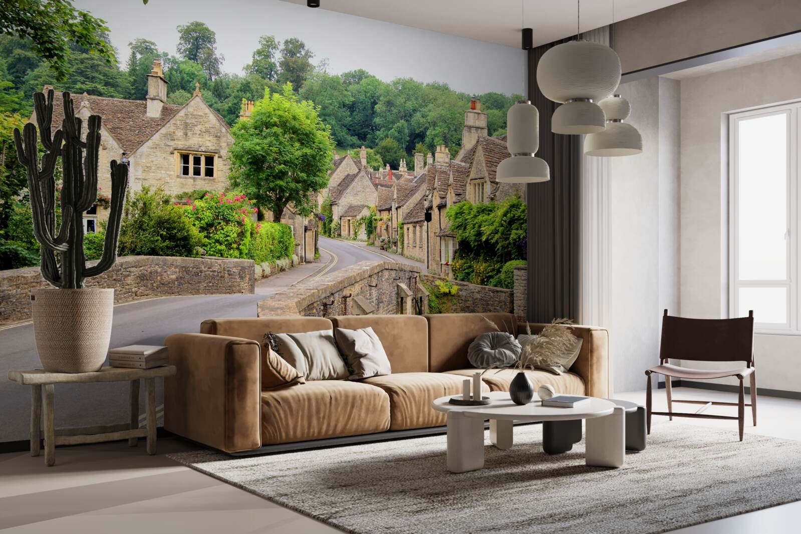 Fototapet clădiri antice cu acoperire de mușchi verde și pod