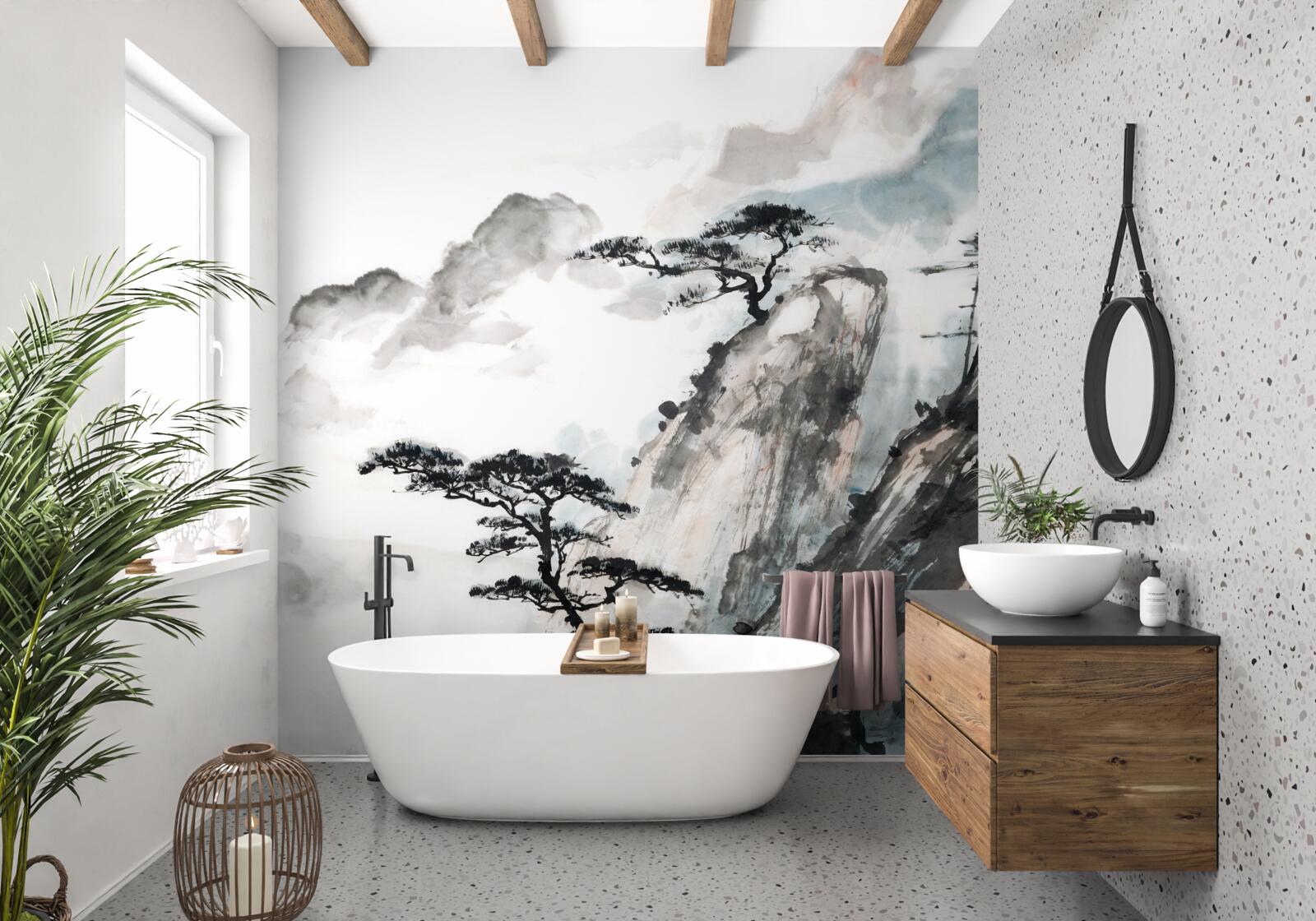 Fototapet acuarelă reprezentând o cascadă și copaci solitari