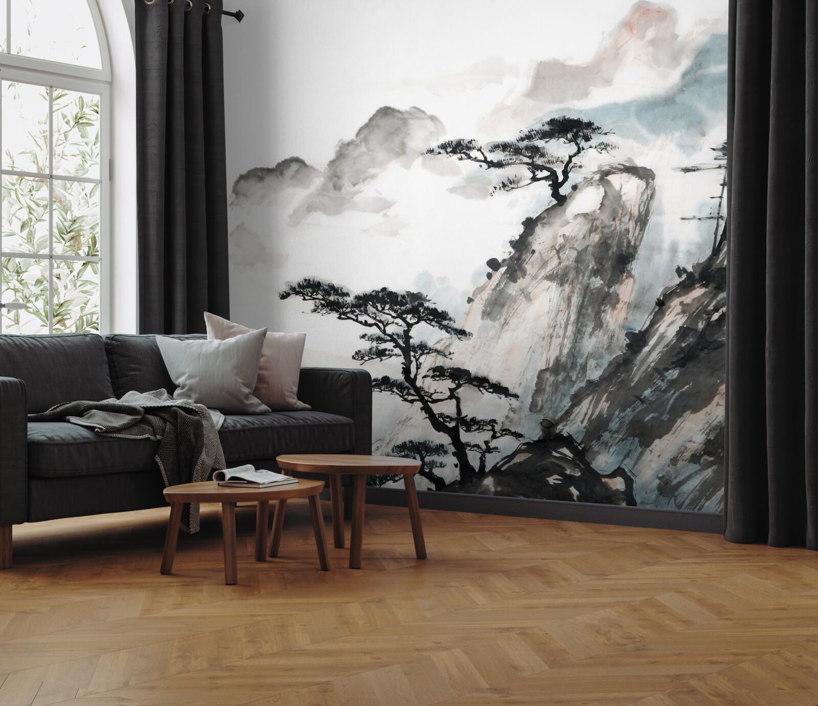 Fototapet acuarelă reprezentând o cascadă și copaci solitari