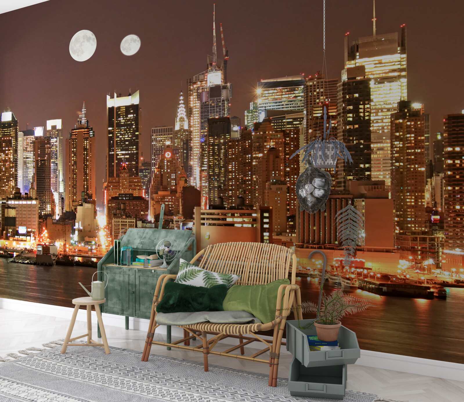 Fototapet soarele și luna strălucesc deasupra unui oraș imens