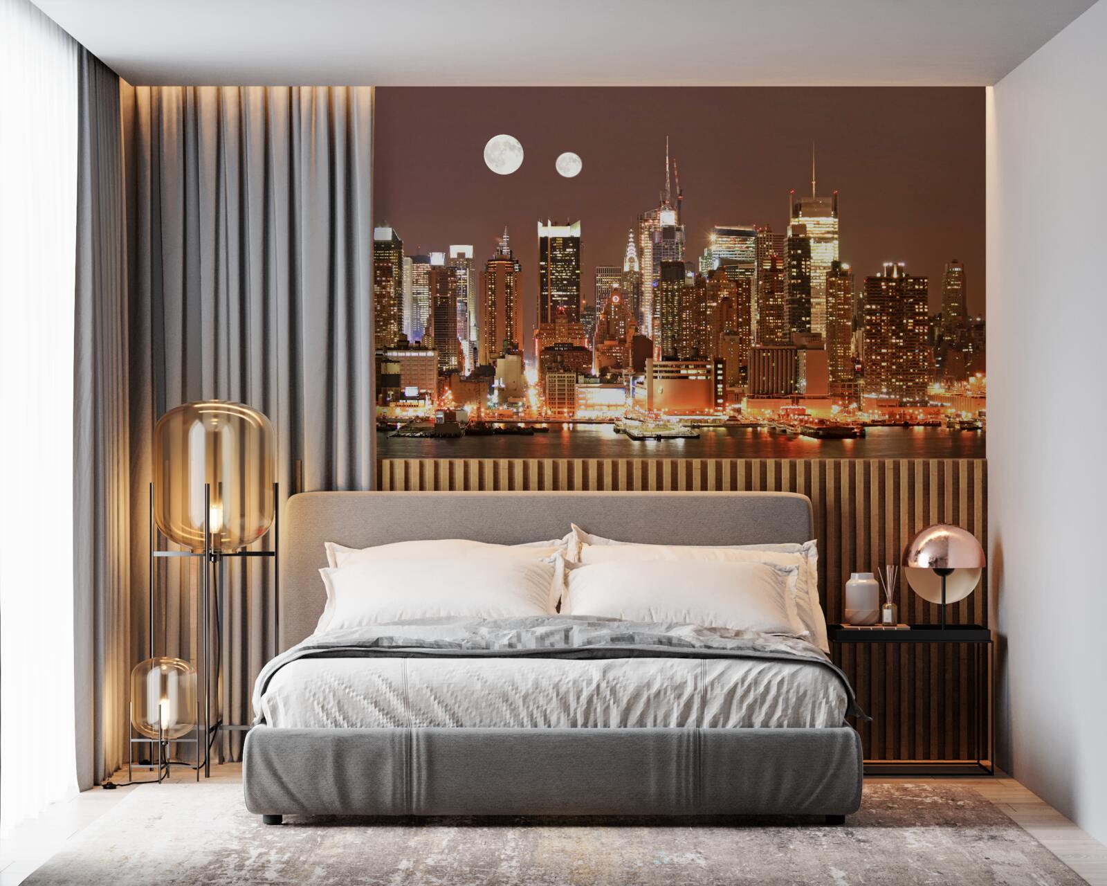 Fototapet soarele și luna strălucesc deasupra unui oraș imens