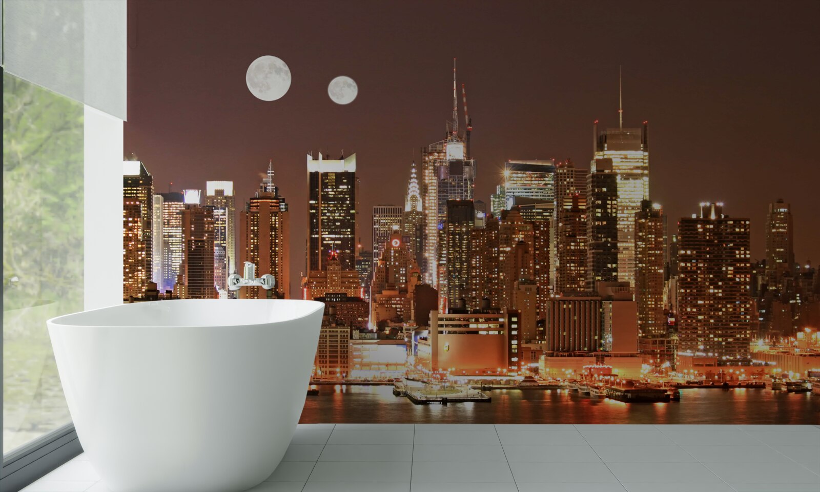 Fototapet soarele și luna strălucesc deasupra unui oraș imens