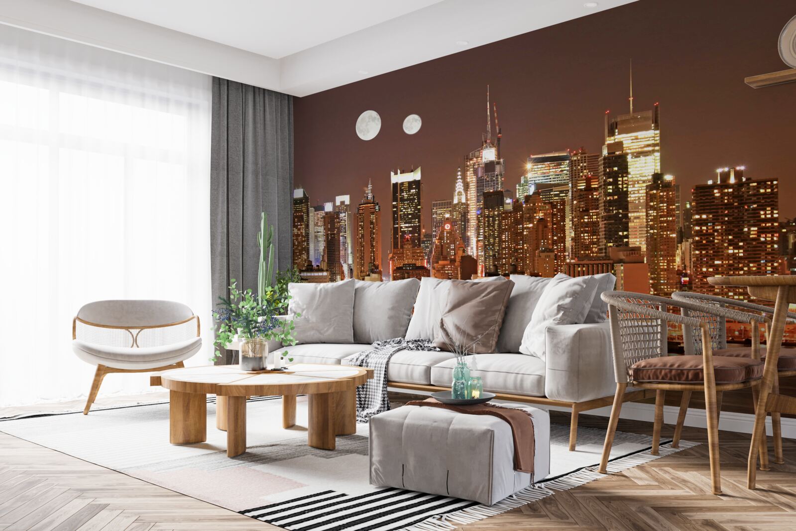 Fototapet soarele și luna strălucesc deasupra unui oraș imens