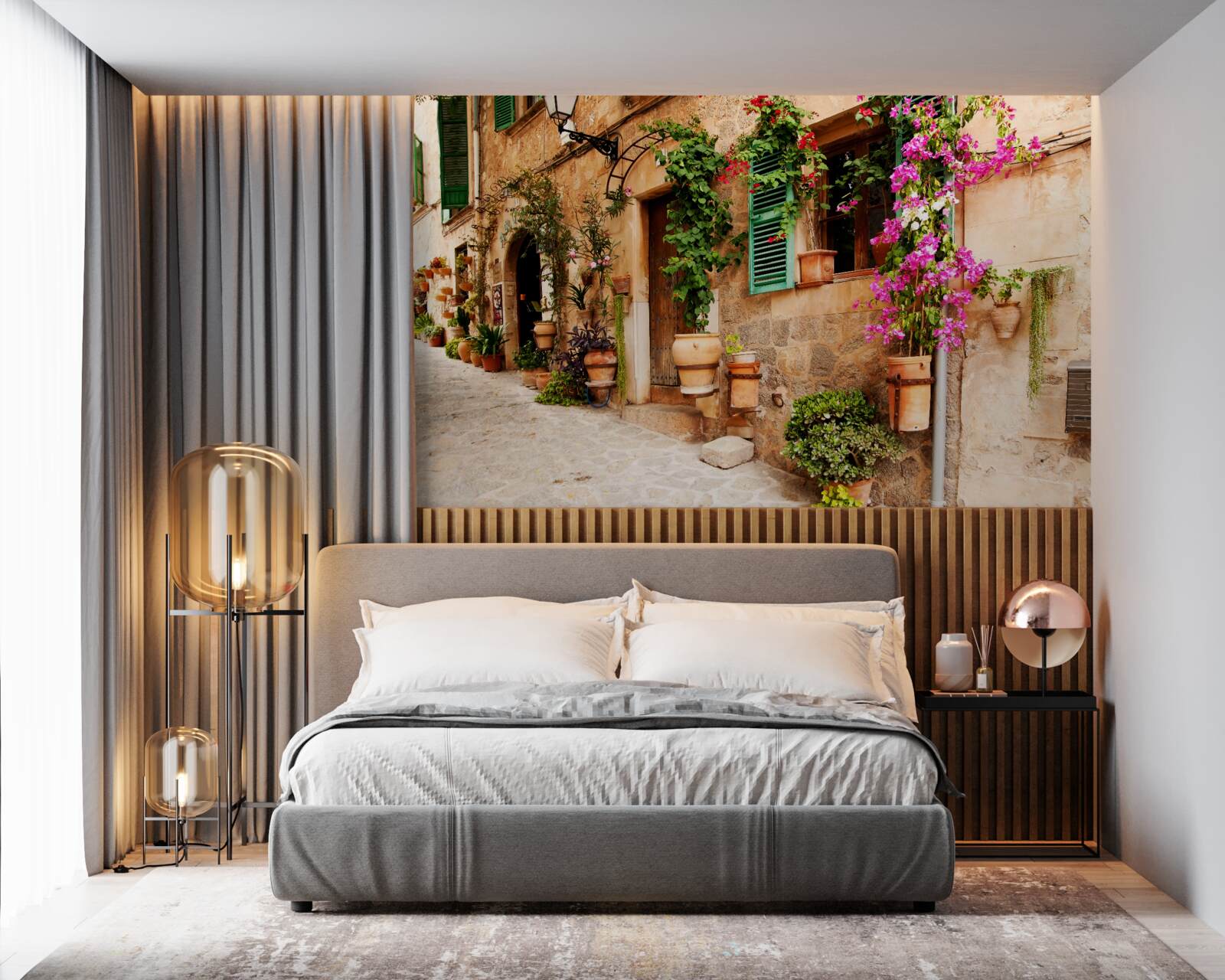 Fototapet stradă veche în pantă decorată cu flori