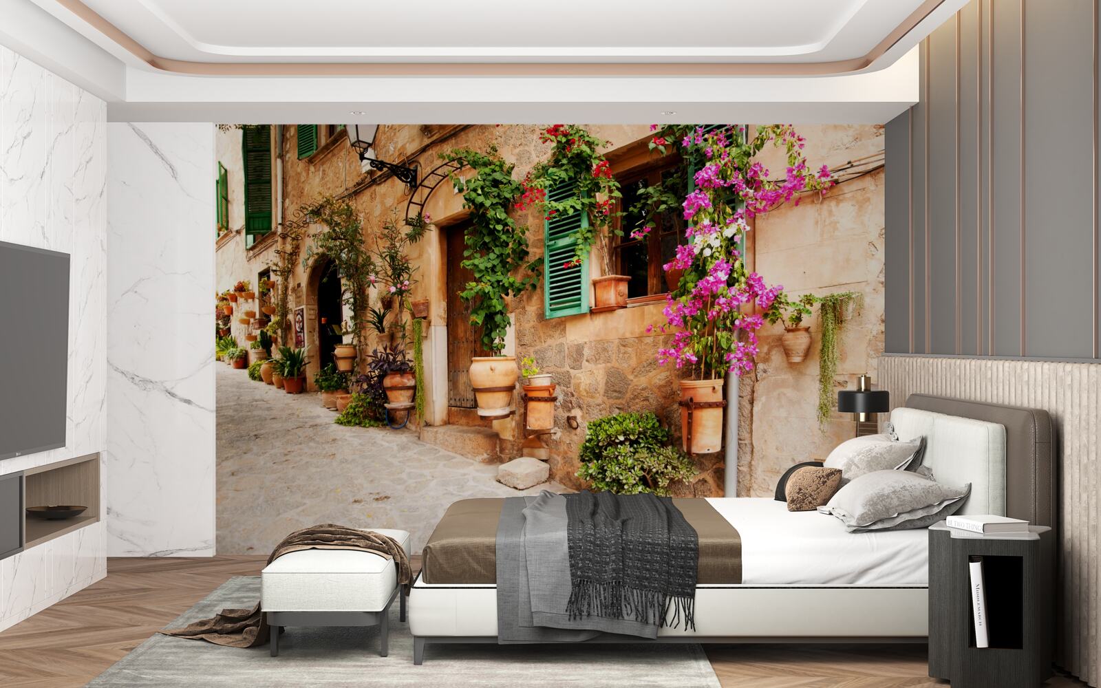 Fototapet stradă veche în pantă decorată cu flori