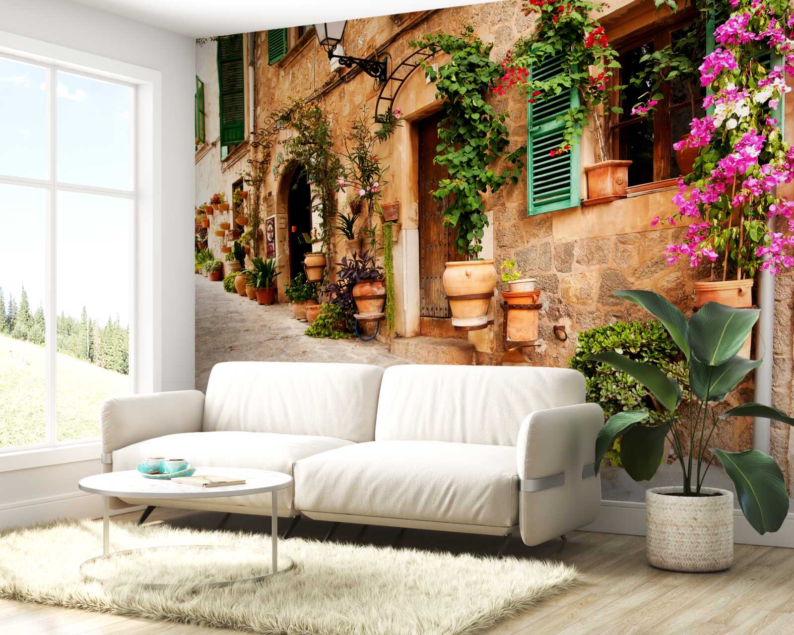 Fototapet stradă veche în pantă decorată cu flori