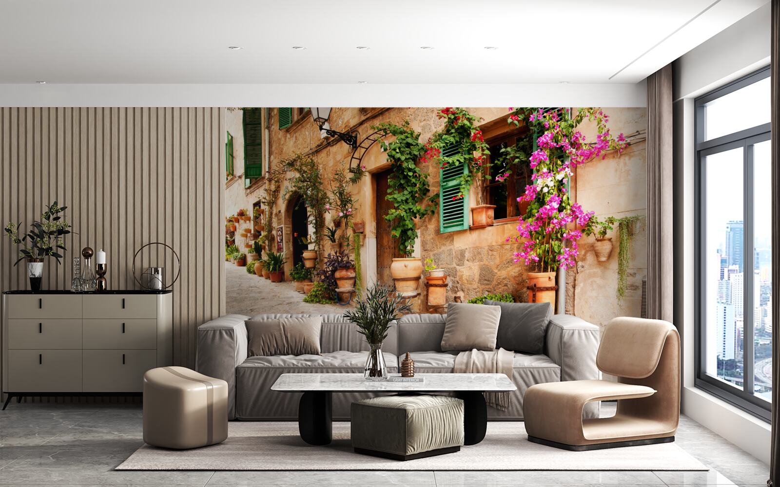 Fototapet stradă veche în pantă decorată cu flori