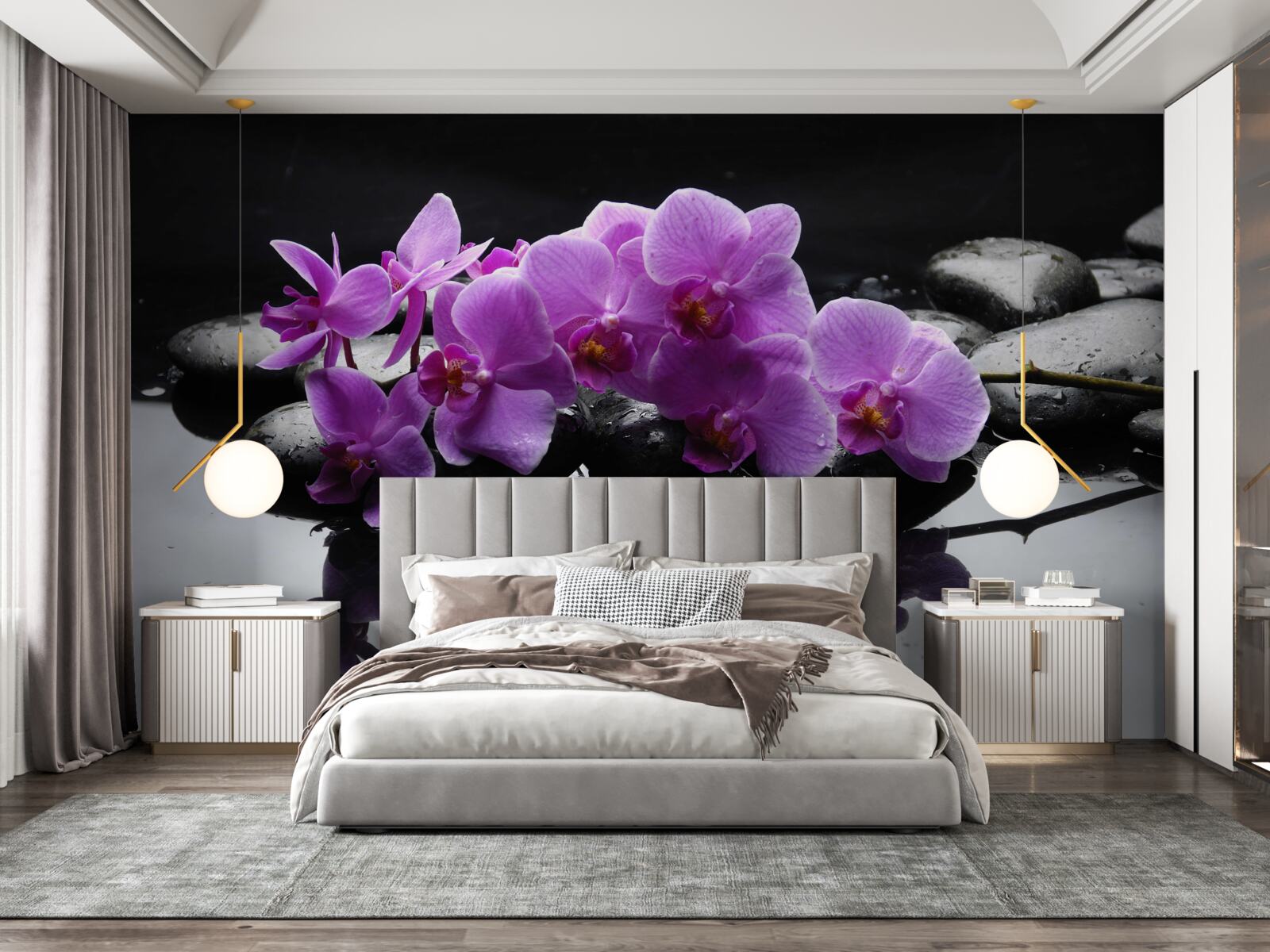 Fototapet orhidee liliac pe o piatră lângă apă