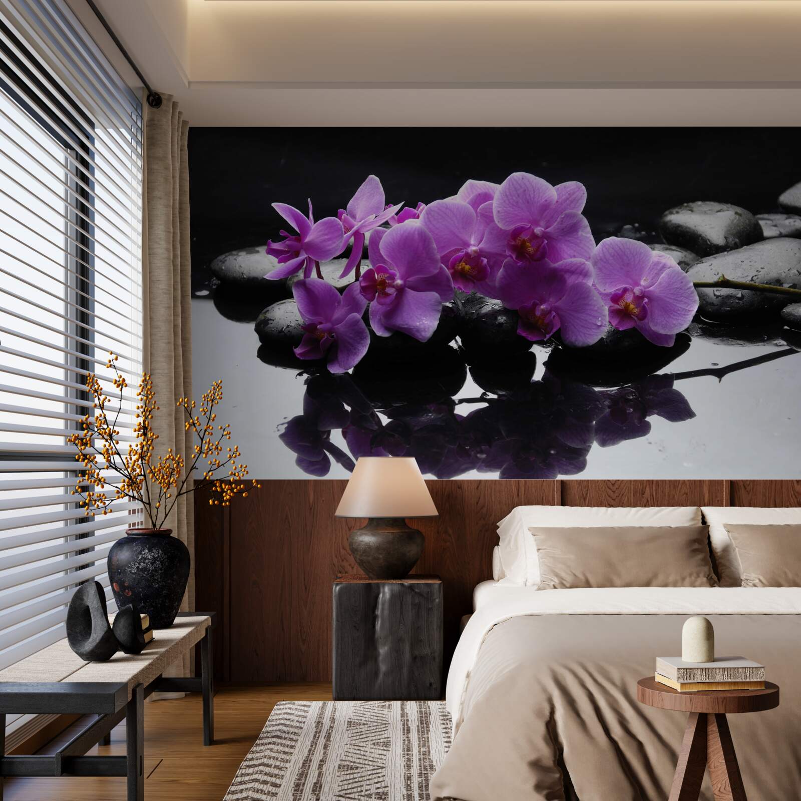 Fototapet orhidee liliac pe o piatră lângă apă