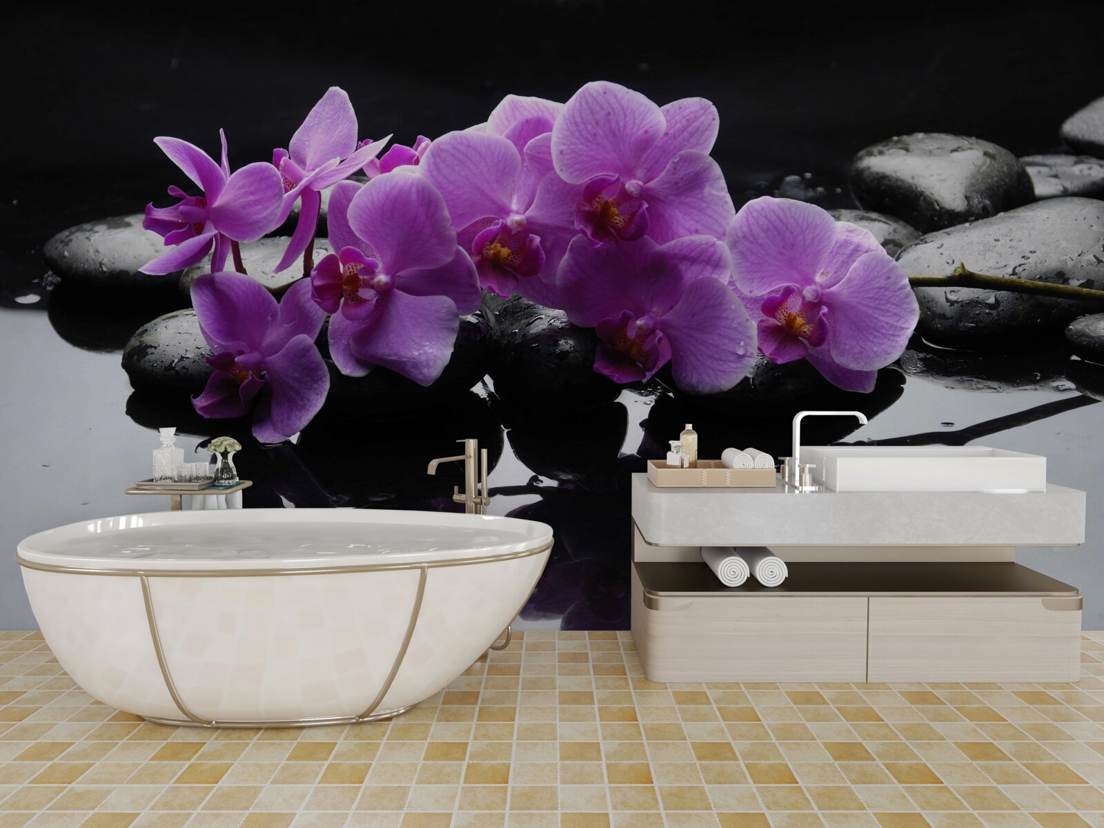 Fototapet orhidee liliac pe o piatră lângă apă