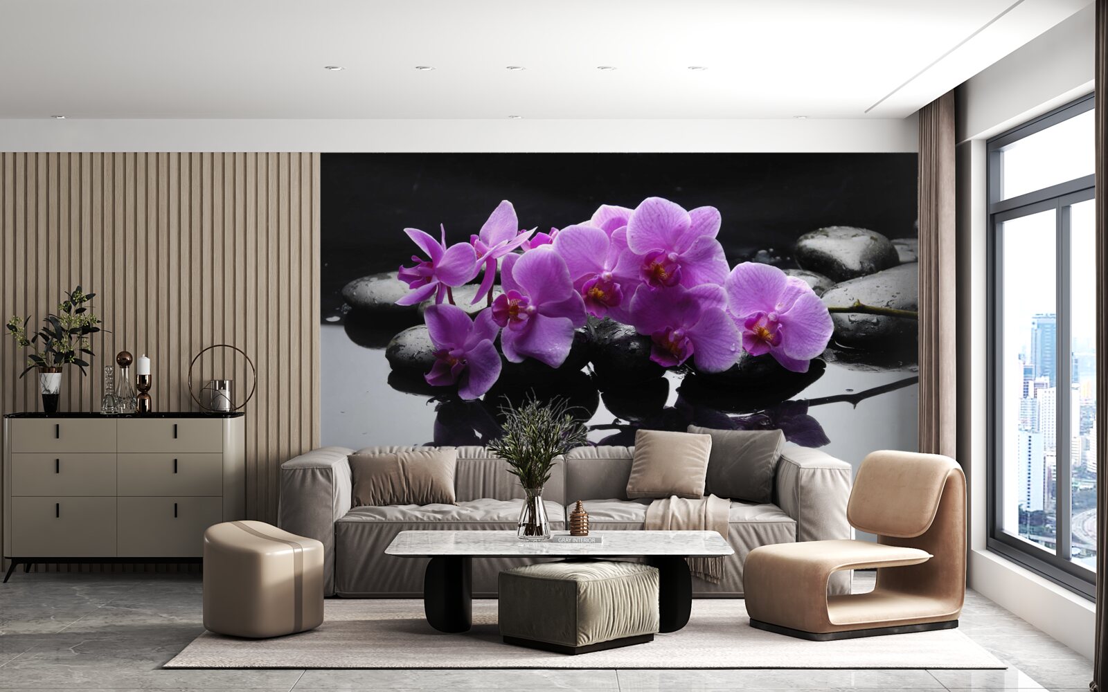 Fototapet orhidee liliac pe o piatră lângă apă