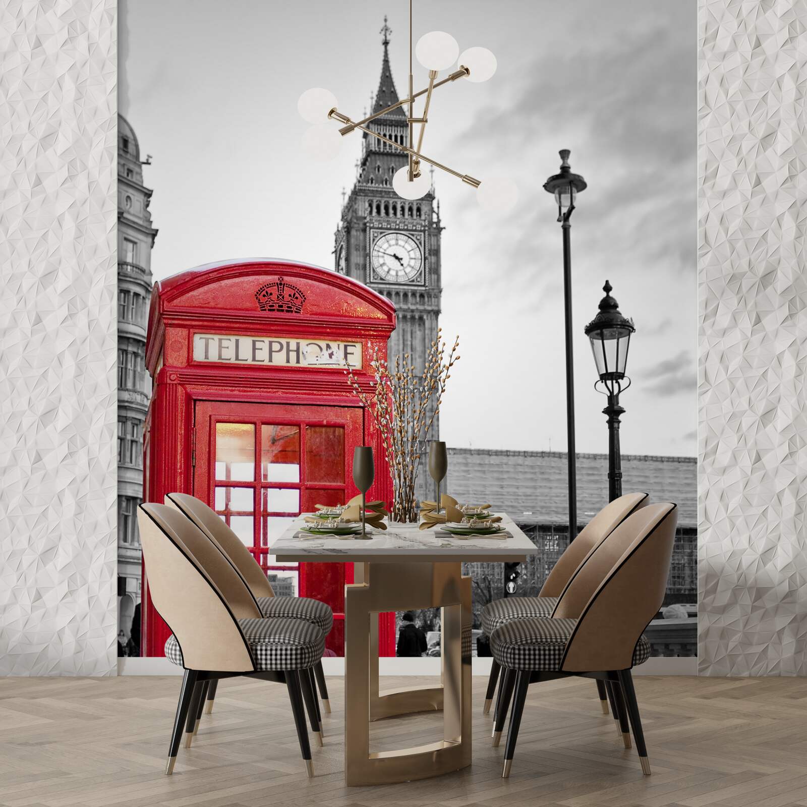 Fototapet în centru, lângă Big Ben, există o cabină telefonică roșie
