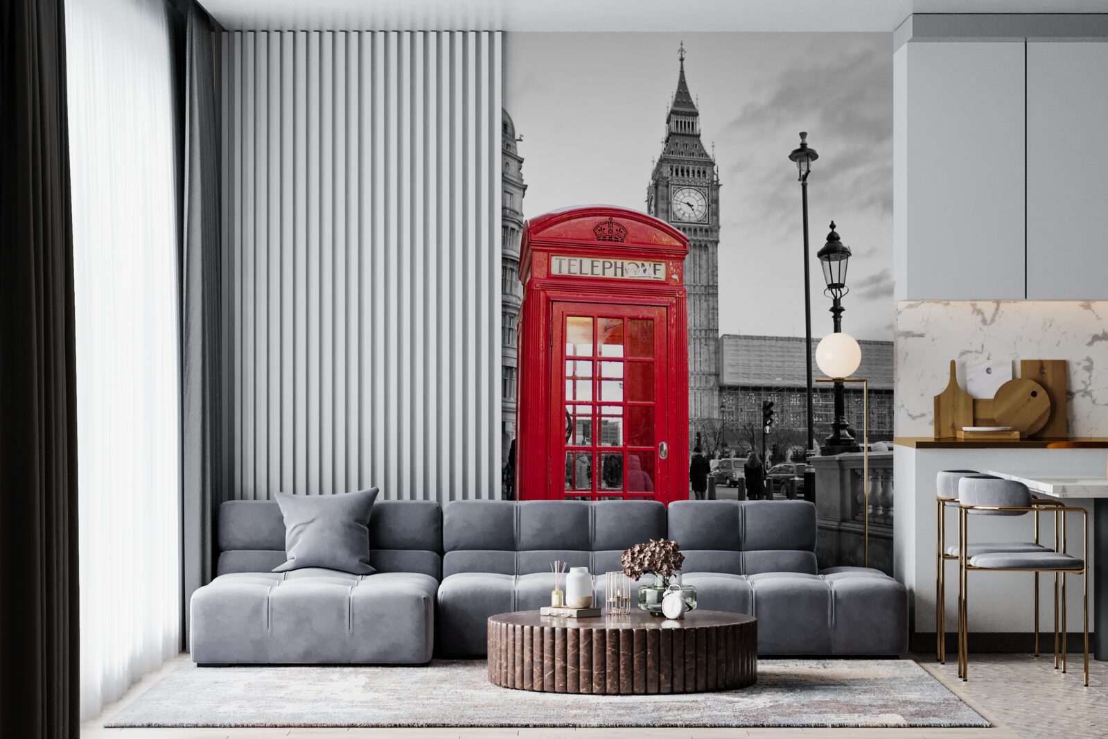 Fototapet în centru, lângă Big Ben, există o cabină telefonică roșie