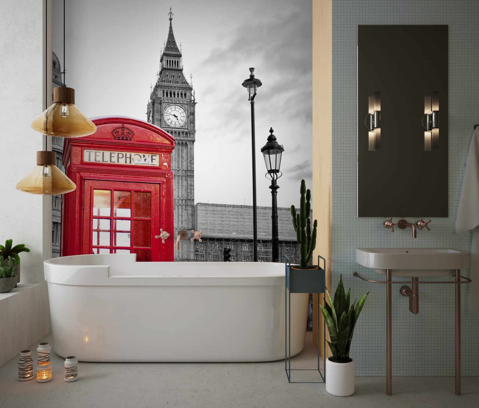Fototapet în centru, lângă Big Ben, există o cabină telefonică roșie