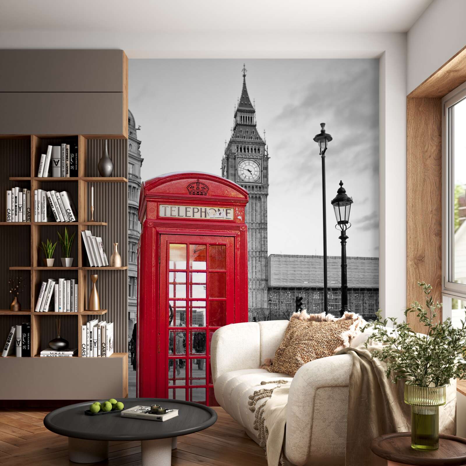 Fototapet în centru, lângă Big Ben, există o cabină telefonică roșie