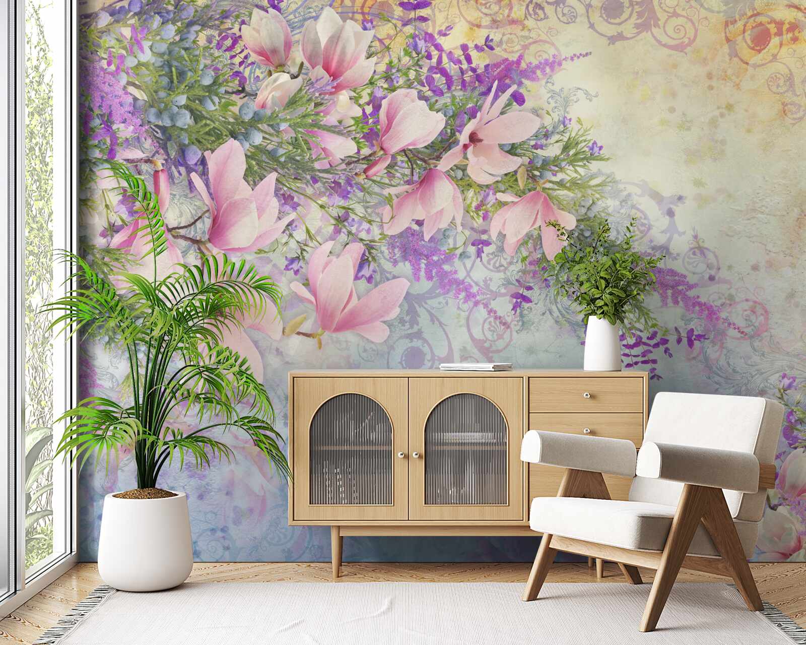 Fototapet flori luminoase strălucesc pe un fundal delicat