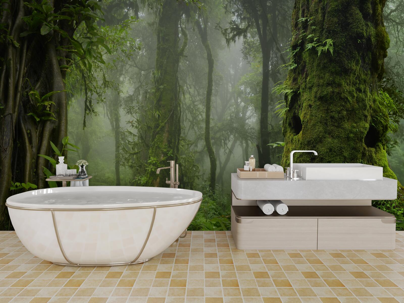 Fototapet precipitații abundente într-o pădure străveche