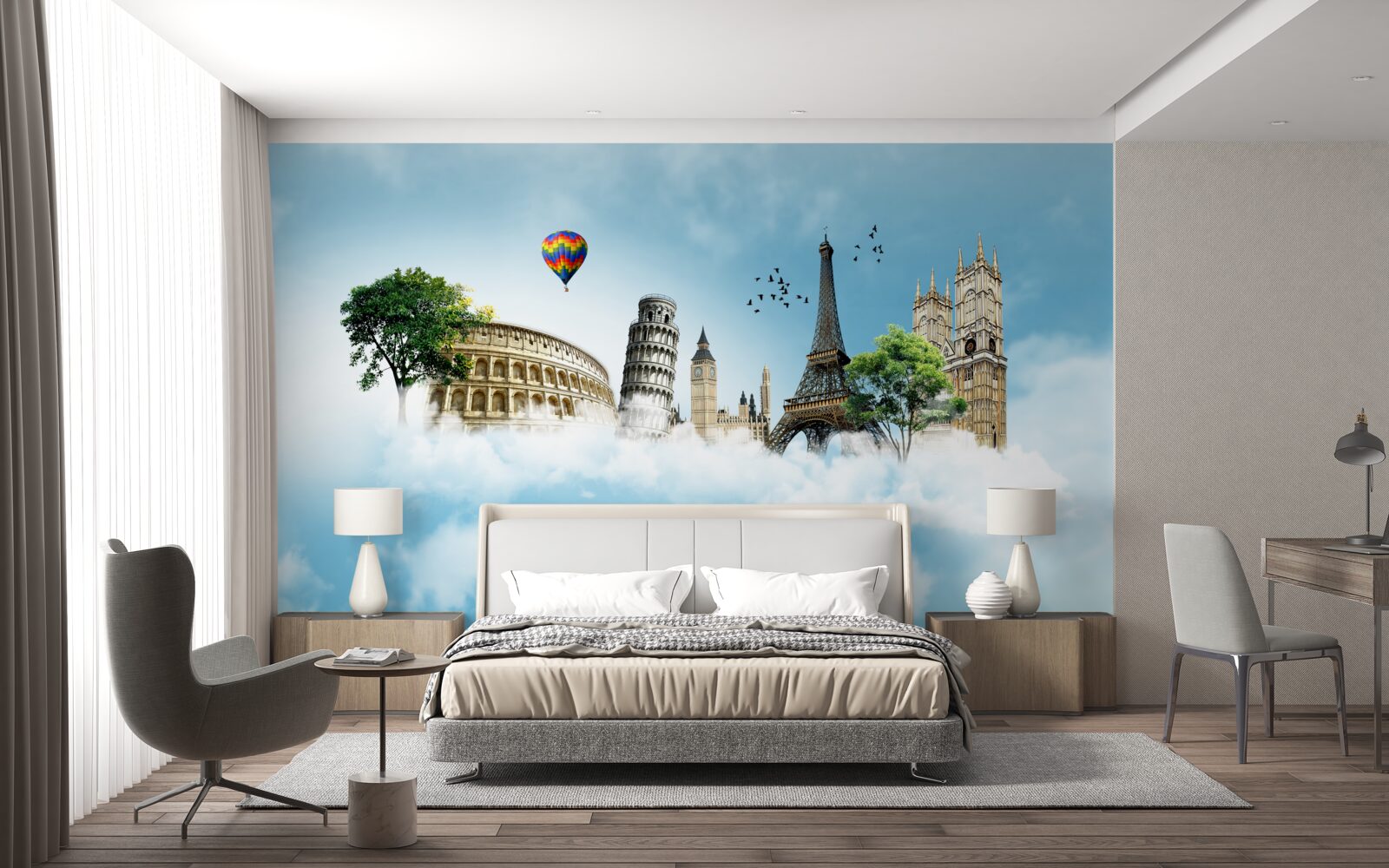 Fototapet monumente ale orașelor europene pe cer