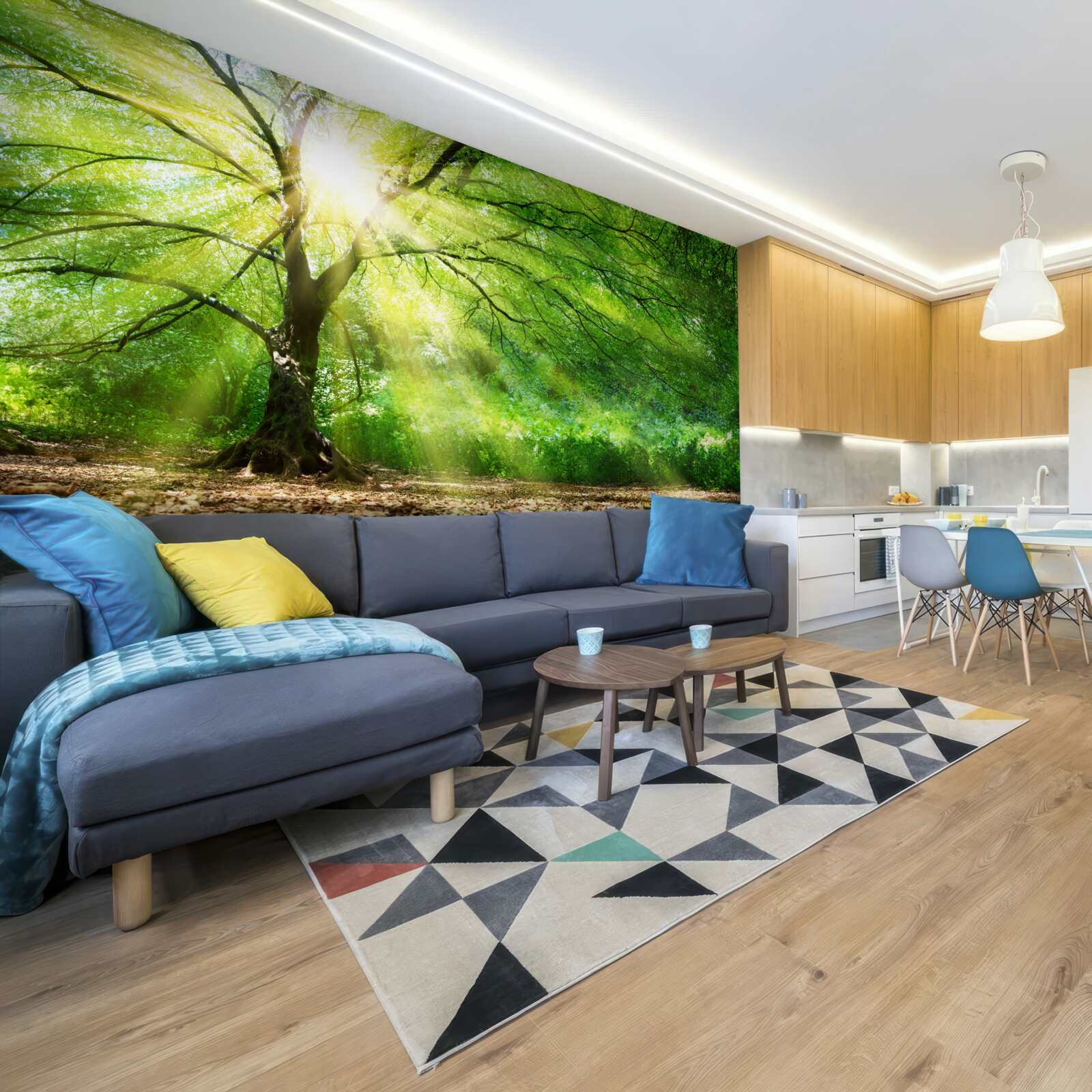 Fototapet raze ușoare de soare pătrund prin coroana luxuriantă a copacilor