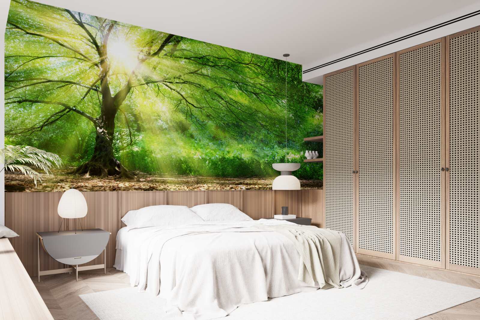 Fototapet raze ușoare de soare pătrund prin coroana luxuriantă a copacilor