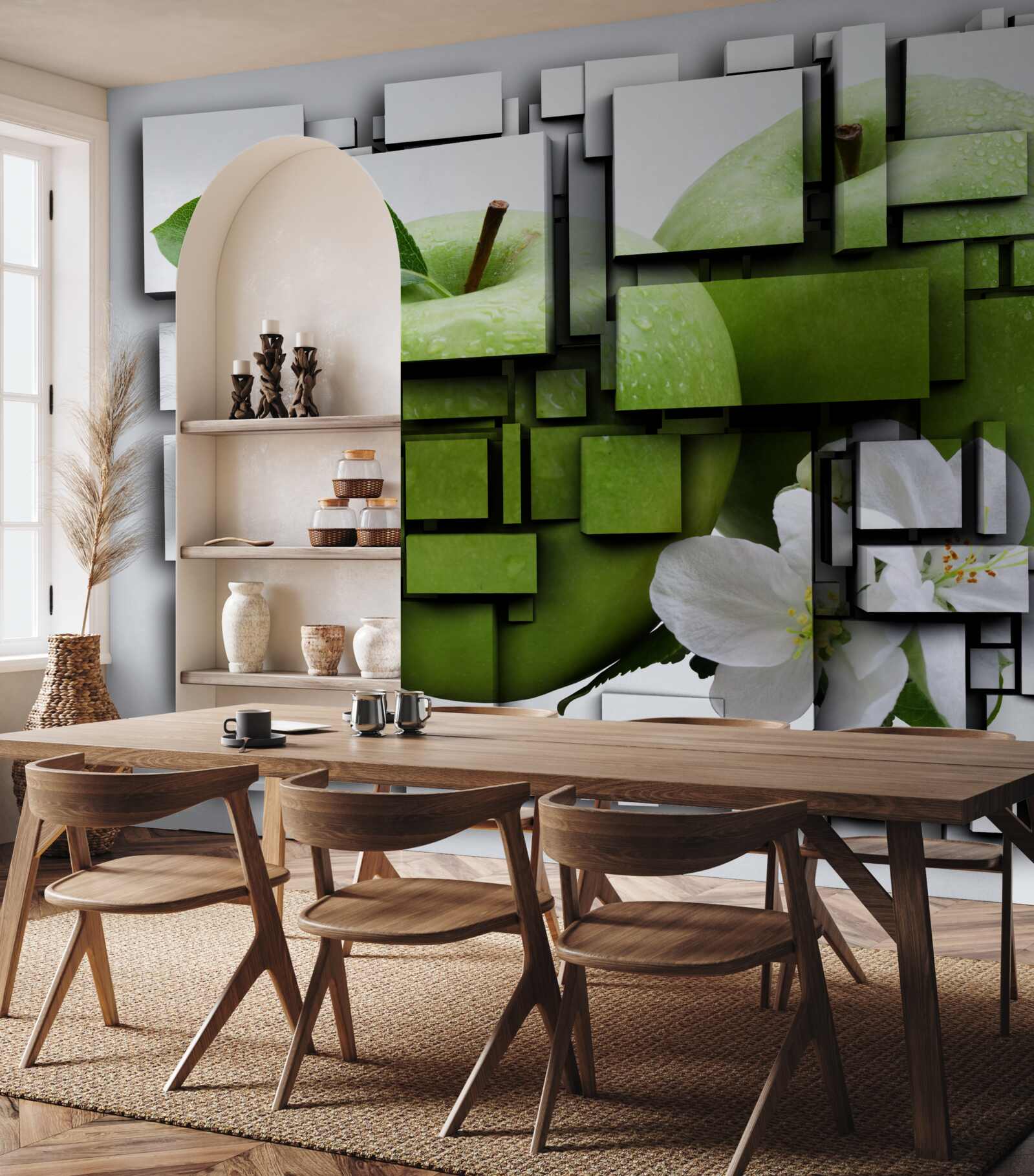 Fototapet compoziție de dreptunghiuri cu o imagine a unui măr verde