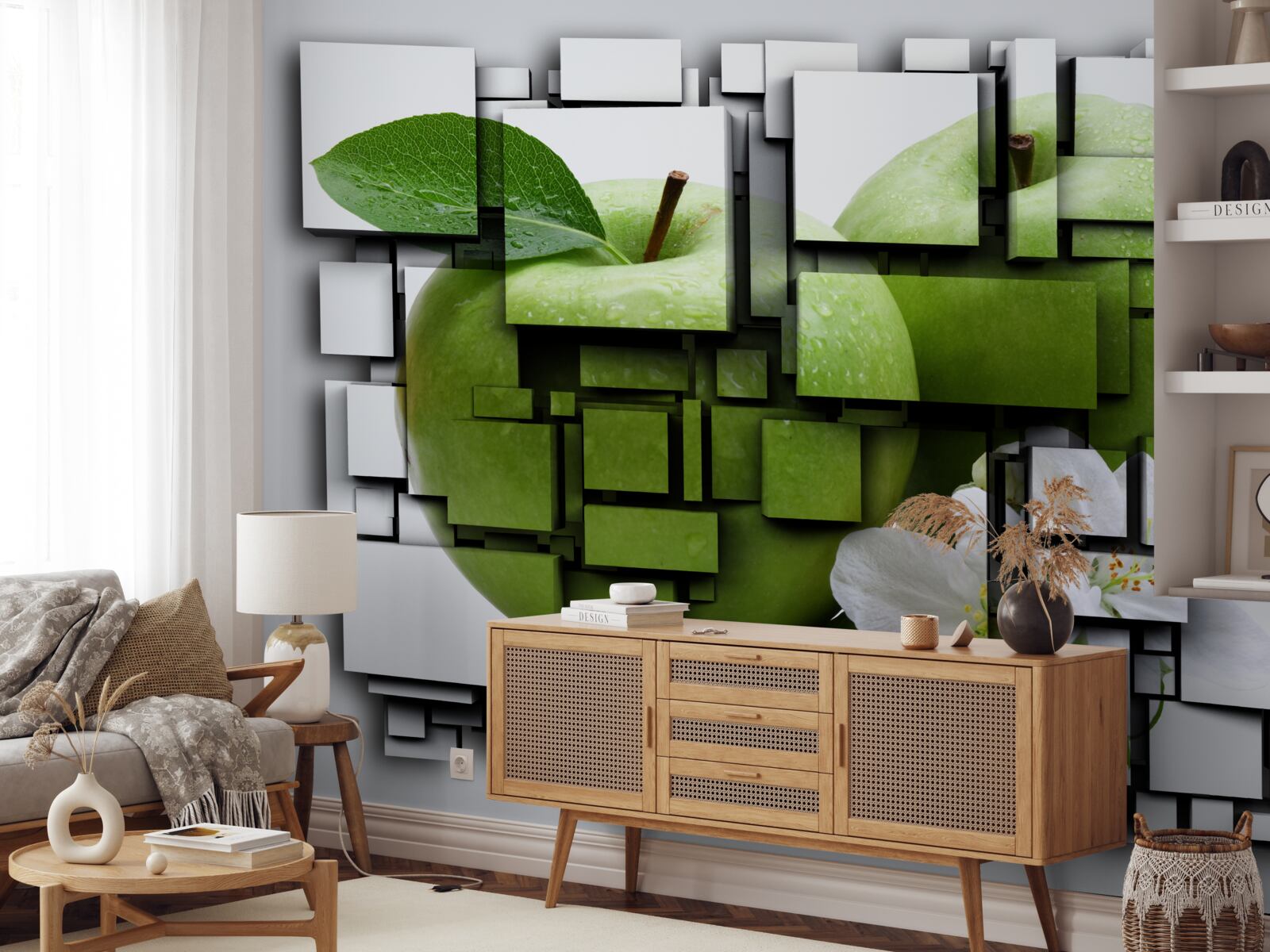 Fototapet compoziție de dreptunghiuri cu o imagine a unui măr verde