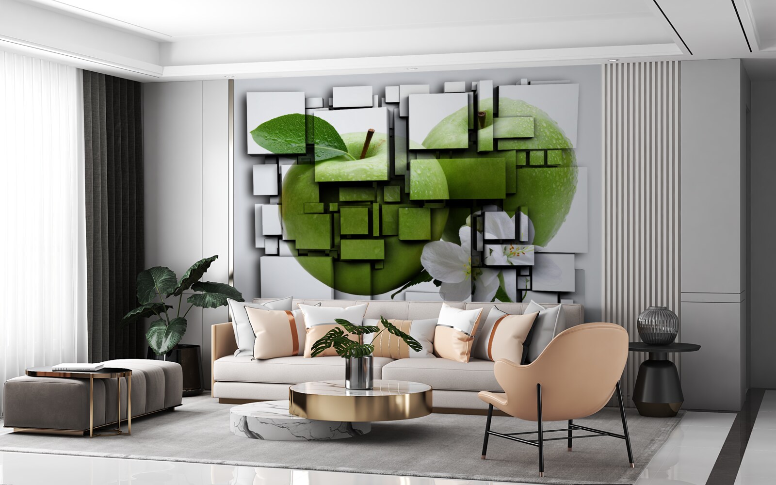 Fototapet compoziție de dreptunghiuri cu o imagine a unui măr verde