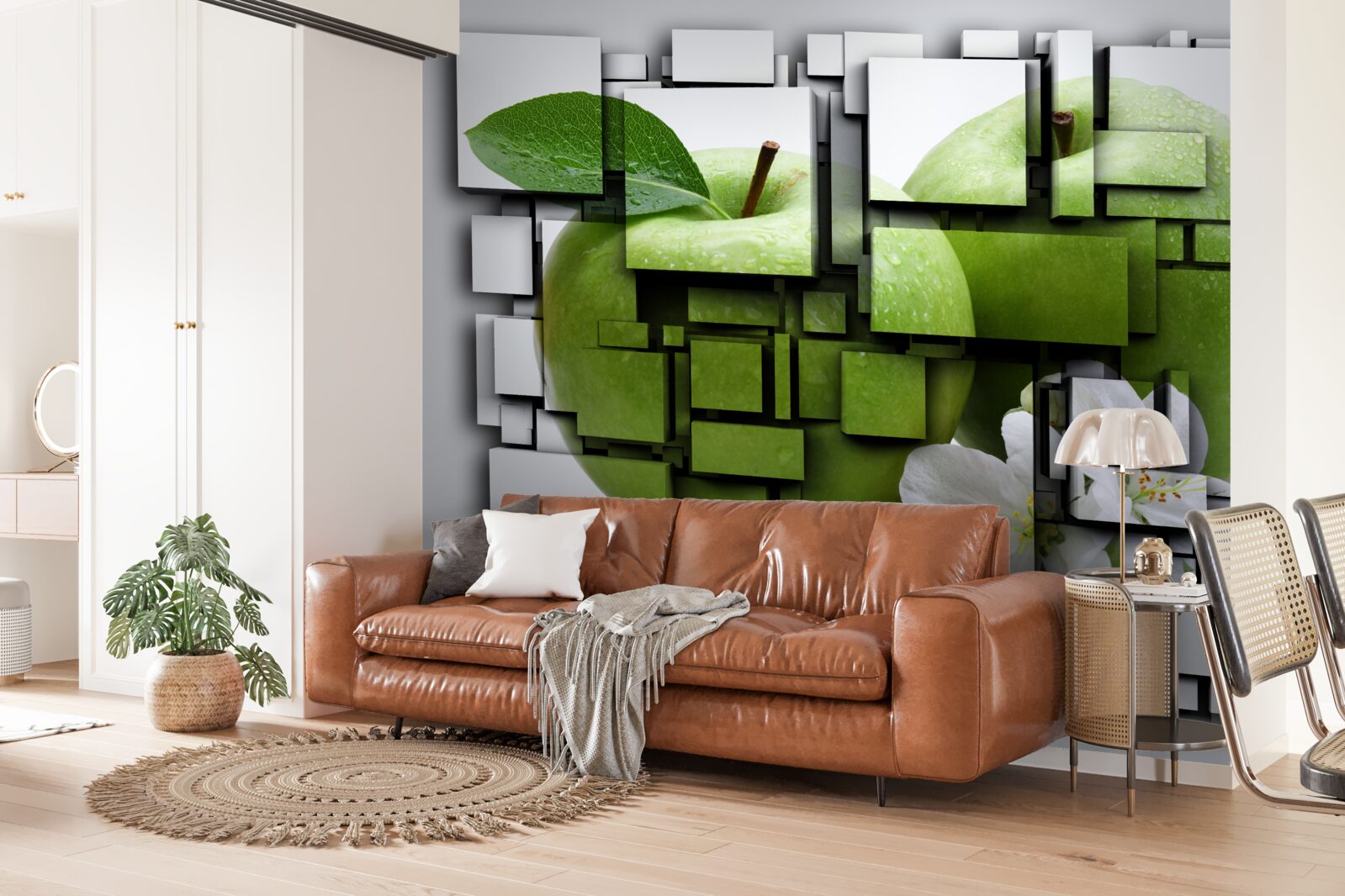 Fototapet compoziție de dreptunghiuri cu o imagine a unui măr verde
