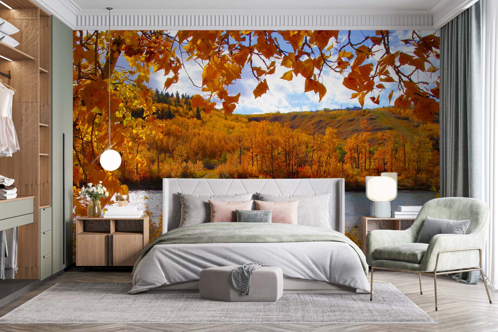 Fototapet toamna de aur în pădurea deasă de lângă râu