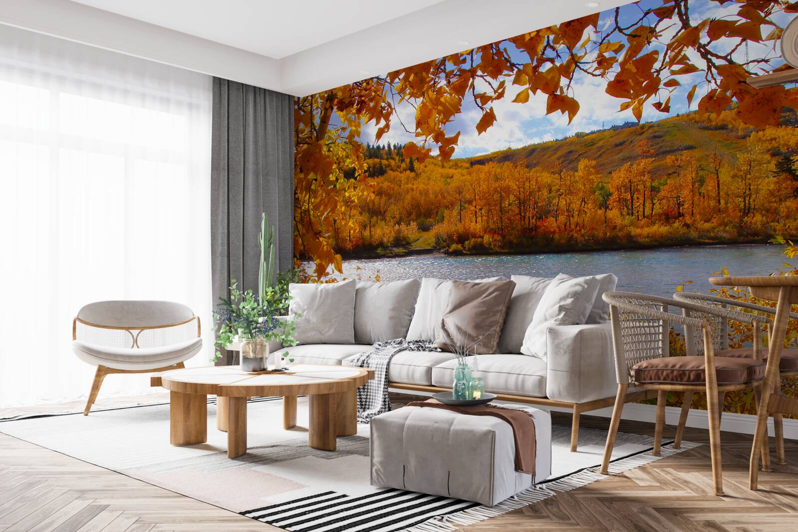 Fototapet toamna de aur în pădurea deasă de lângă râu