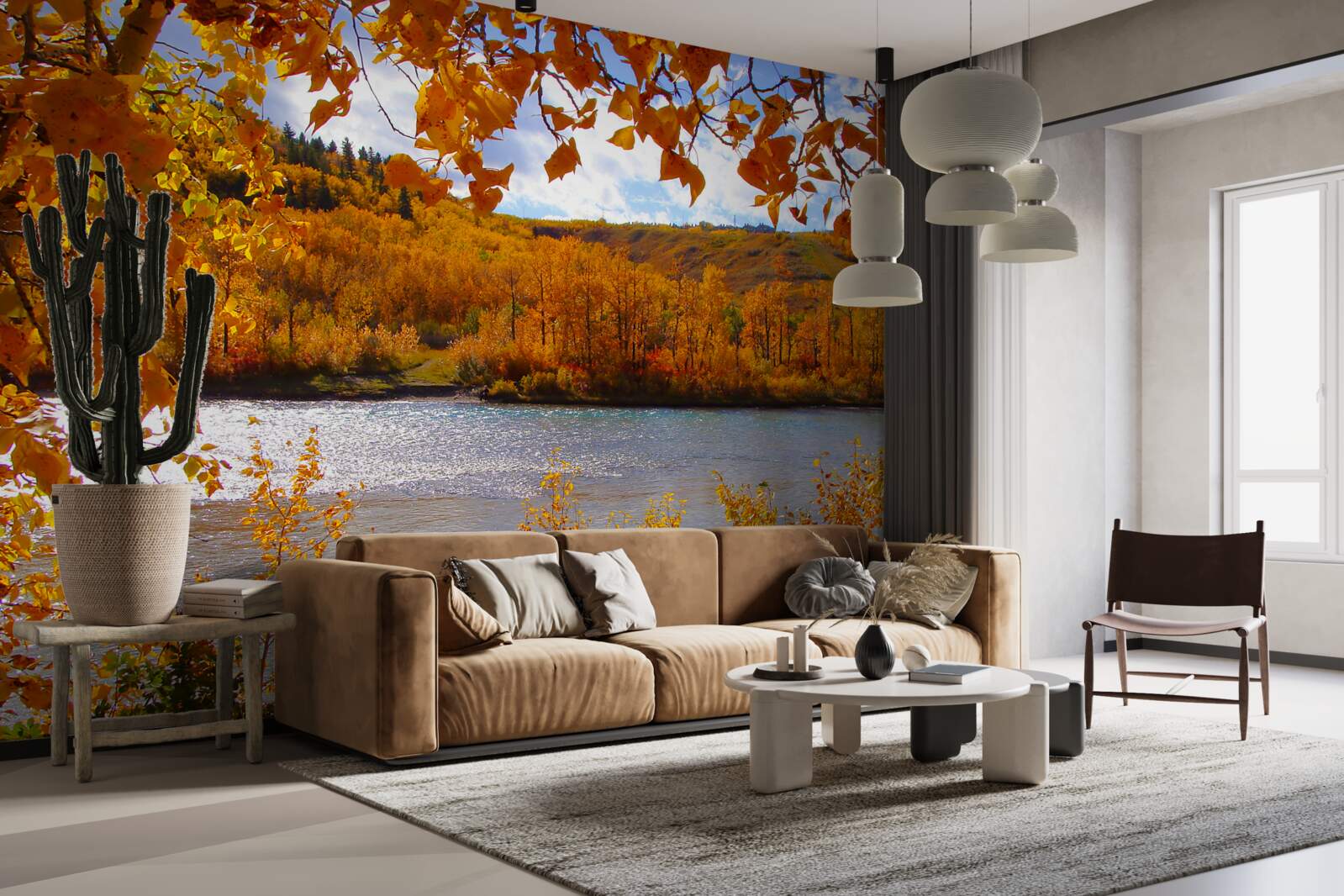 Fototapet toamna de aur în pădurea deasă de lângă râu