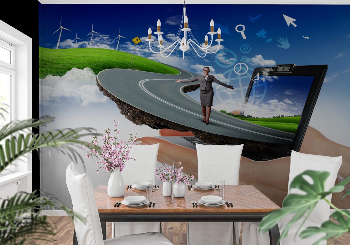 Fototapet în cer este o abstracție scumpă cu o fată care merge