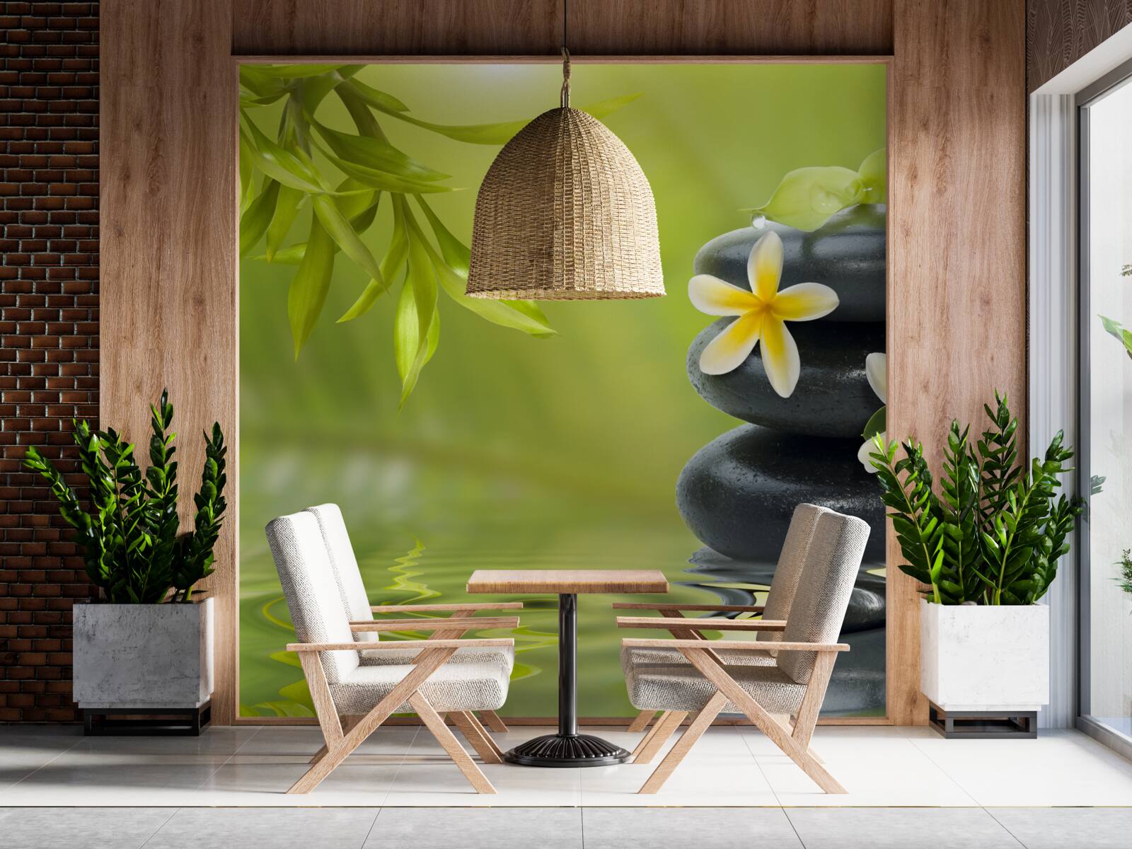 Fototapet Flori galbene pe o piatră întunecată lângă apă