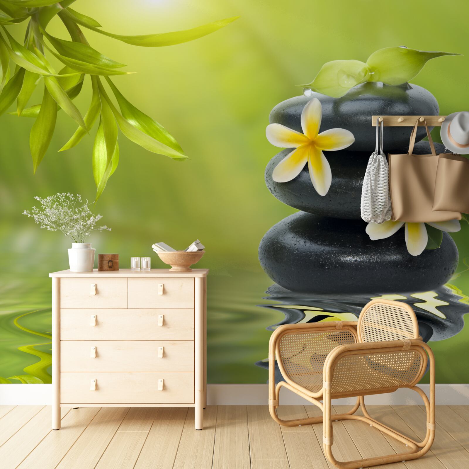 Fototapet Flori galbene pe o piatră întunecată lângă apă