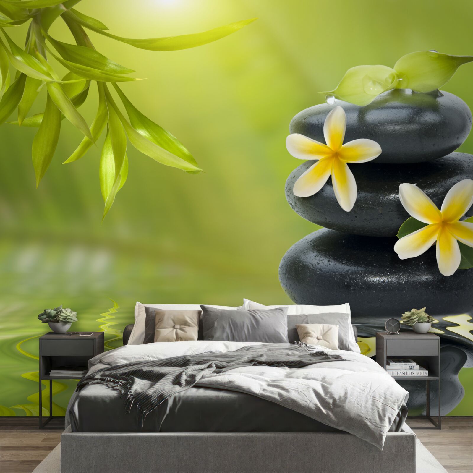 Fototapet Flori galbene pe o piatră întunecată lângă apă