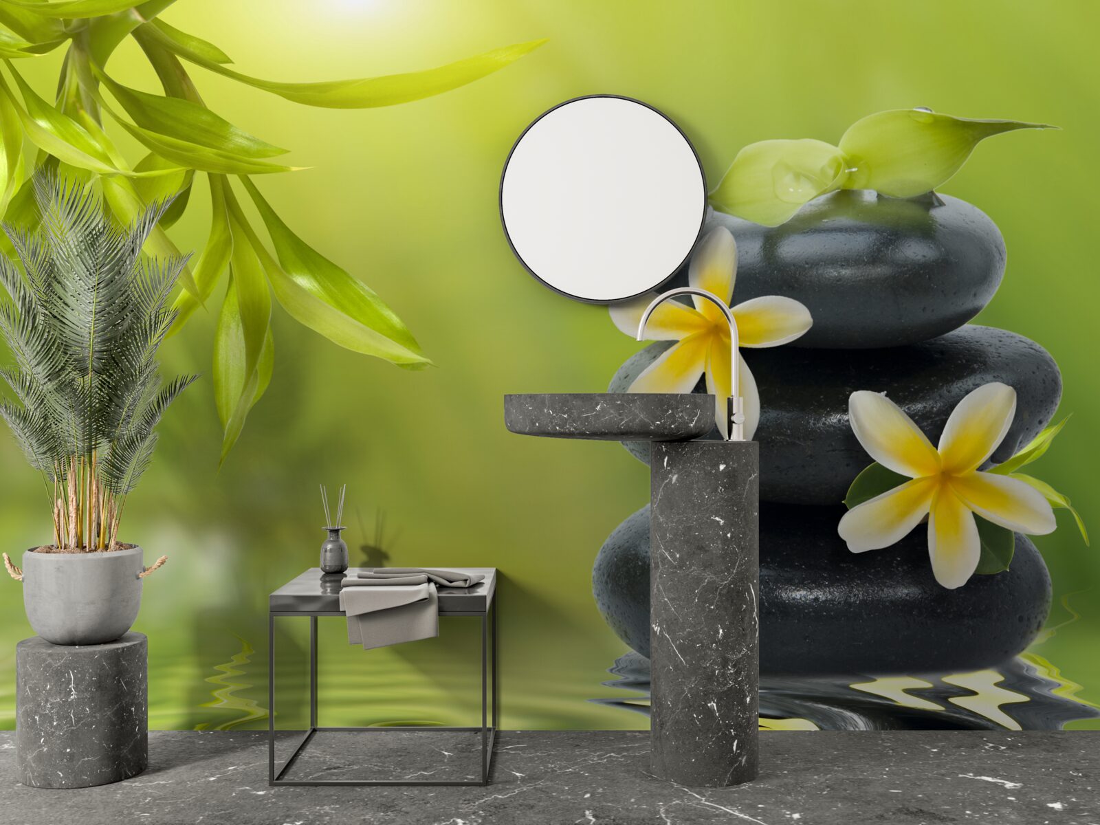 Fototapet Flori galbene pe o piatră întunecată lângă apă