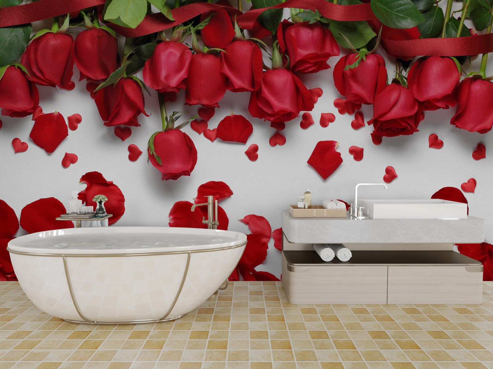 Fototapet petale cad din trandafiri roșii și cărămiziu