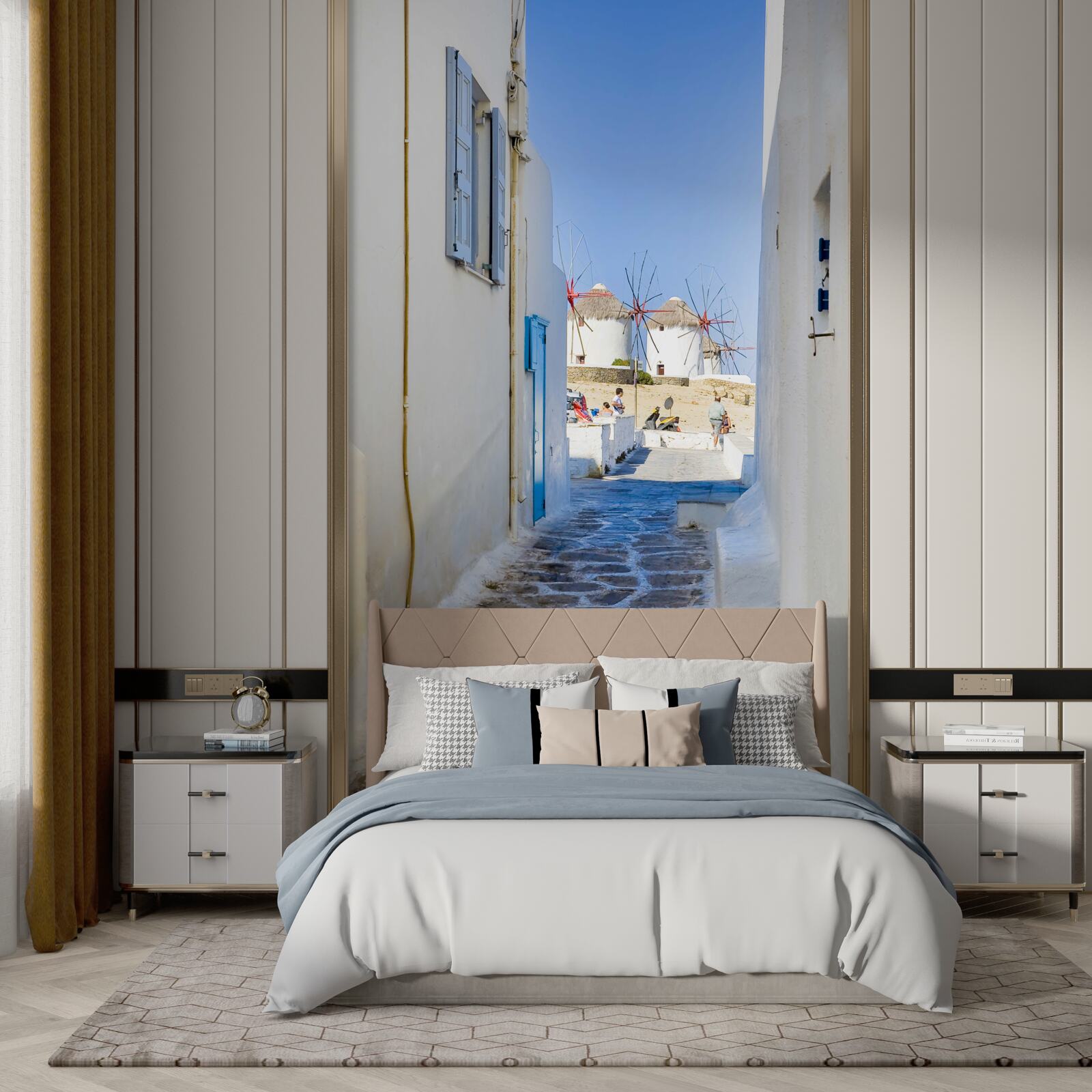 Fototapet stradă veche îngustă cu case albe