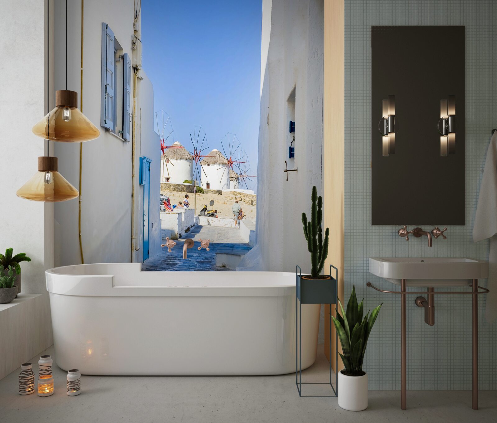 Fototapet stradă veche îngustă cu case albe