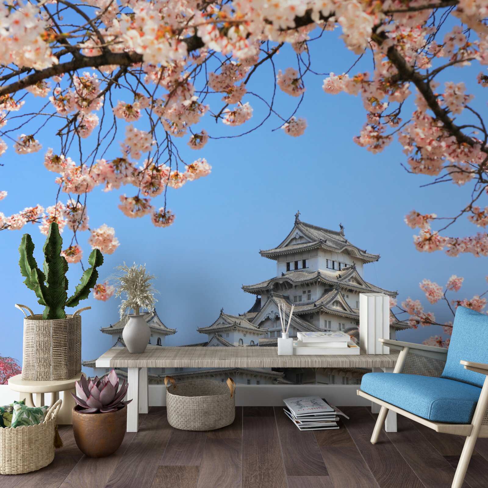 Fototapet templu japonez antic înconjurat de sakura