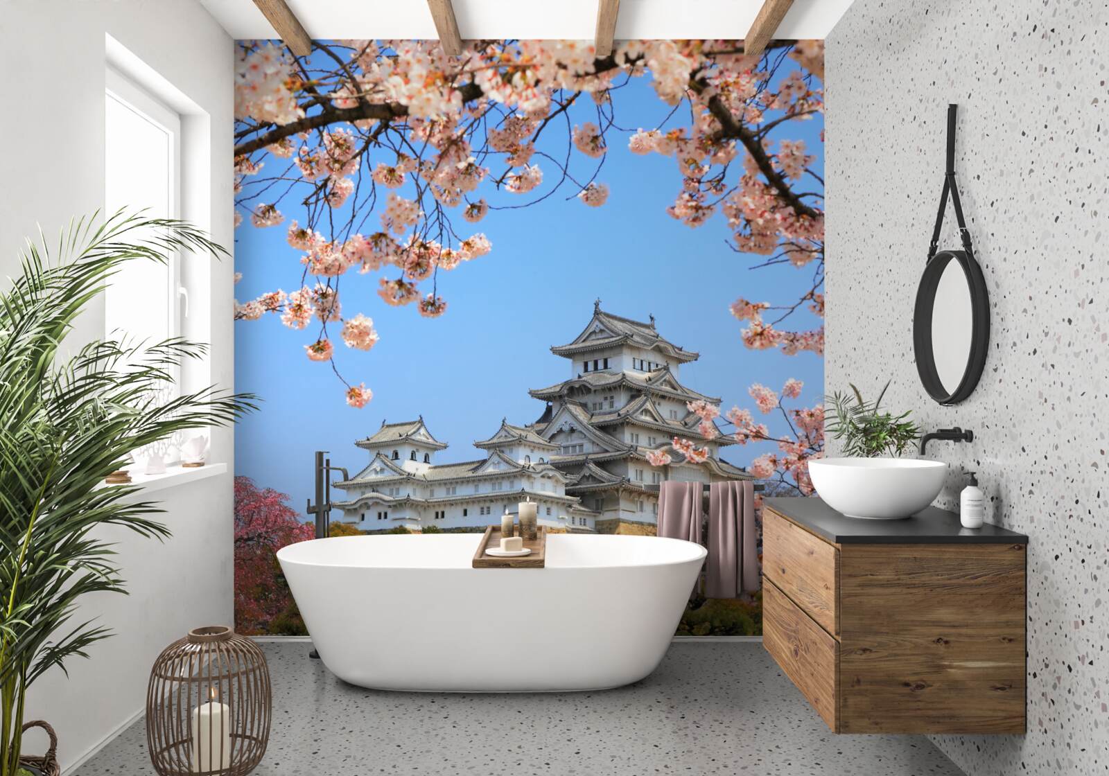 Fototapet templu japonez antic înconjurat de sakura