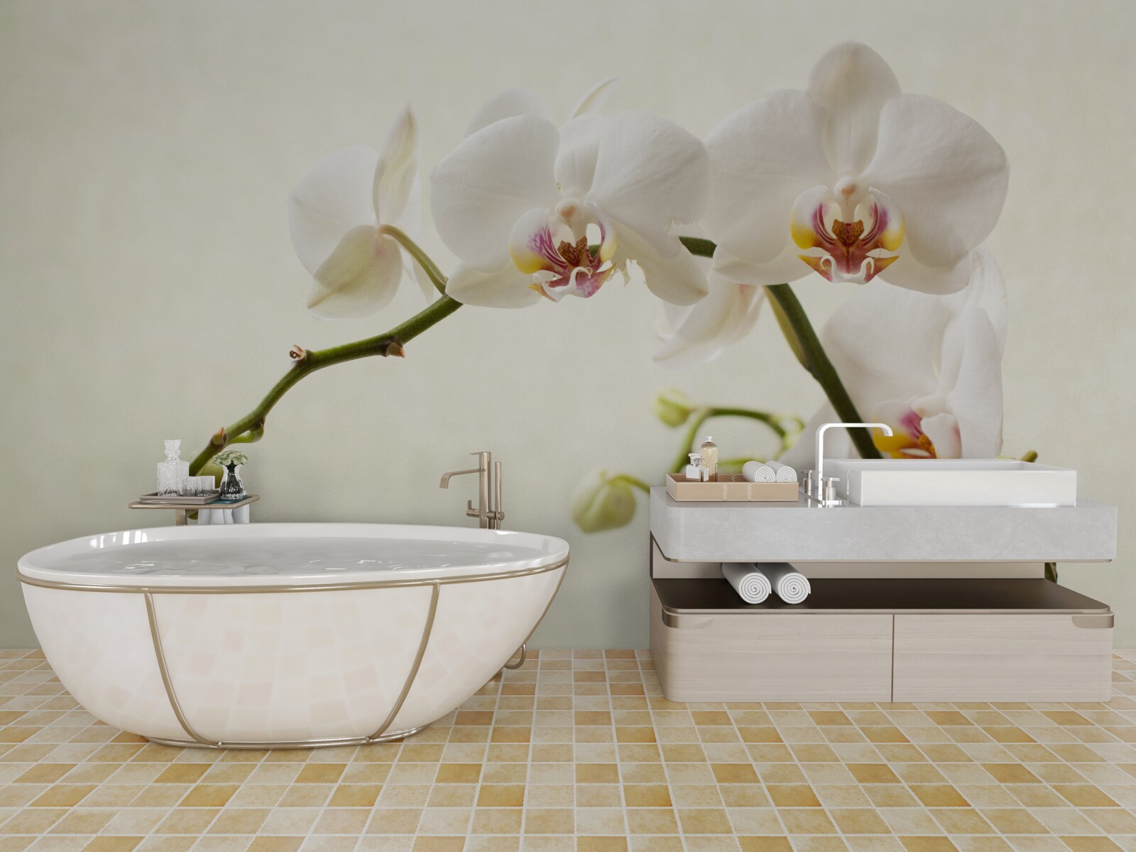 Fototapet ramuri de orhidee albe pe un fundal deschis