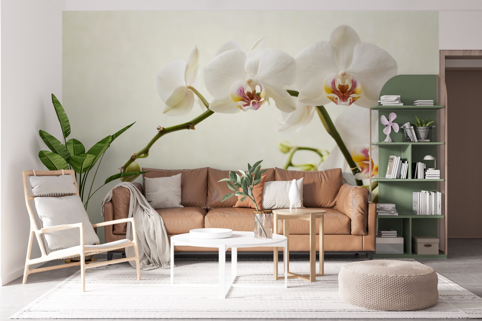 Fototapet ramuri de orhidee albe pe un fundal deschis