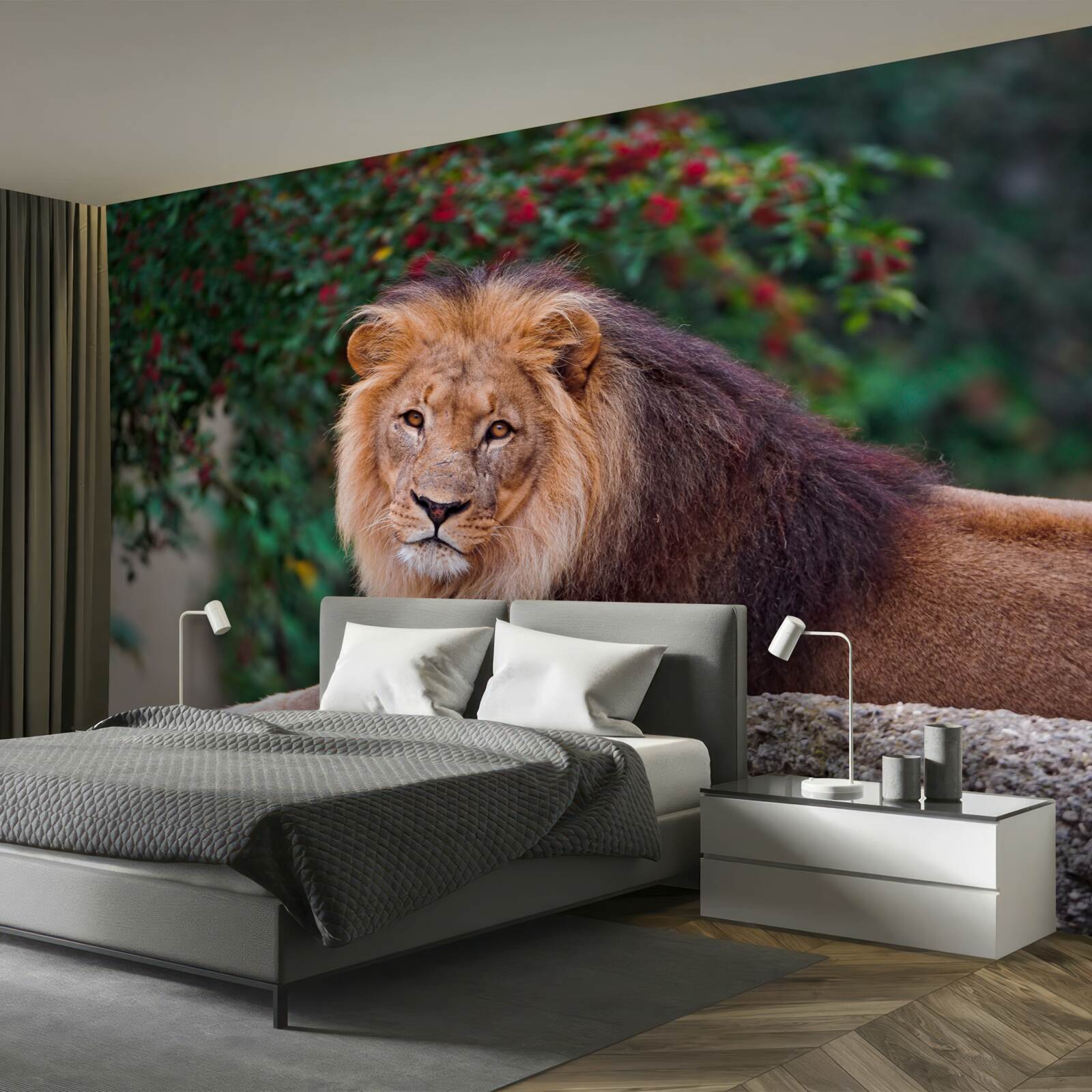 Fototapet un leu adult stă pe o stâncă și așteaptă o leoaică