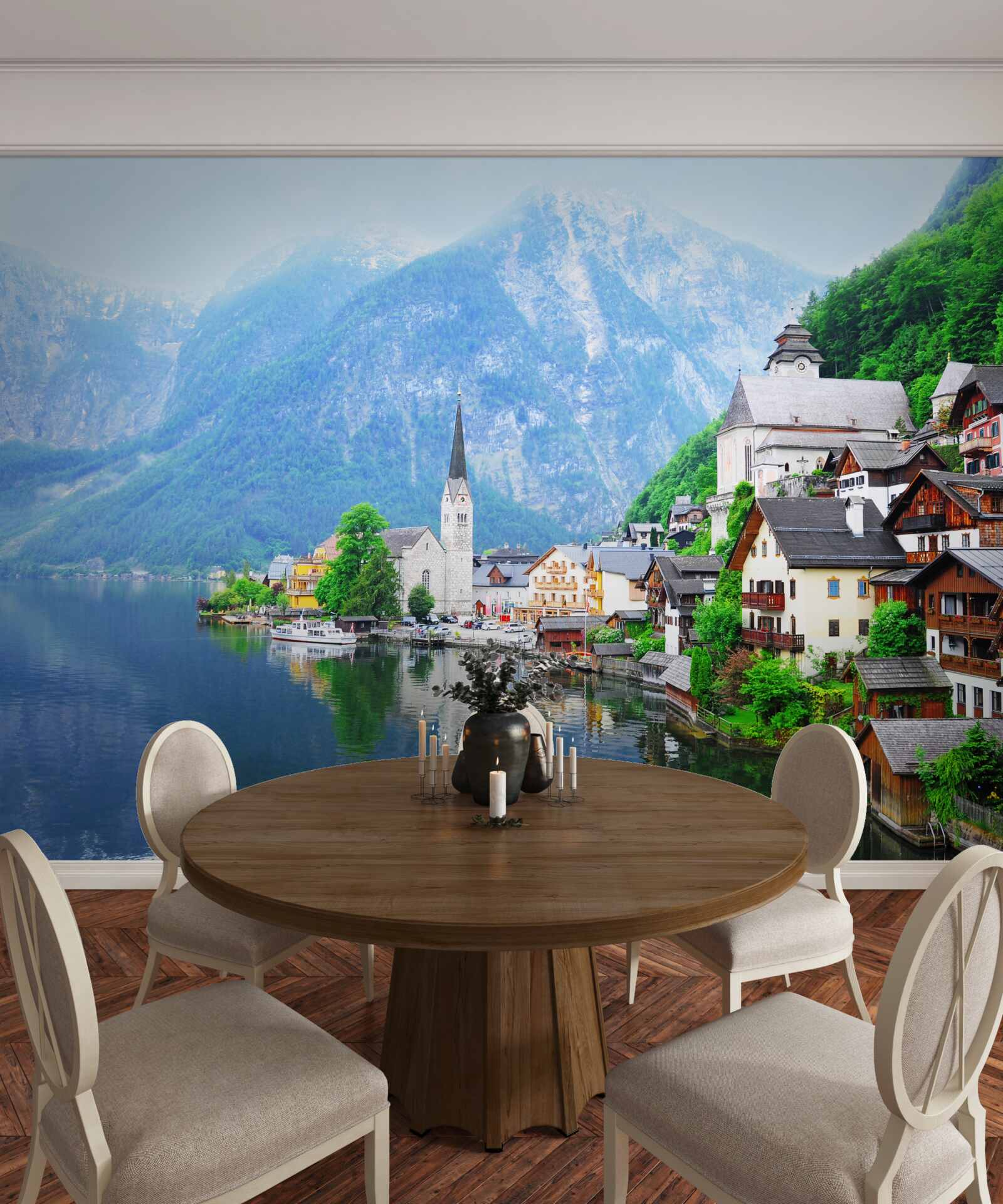 Fototapet sat elvețian liniștit la poalele muntelui, lângă iaz