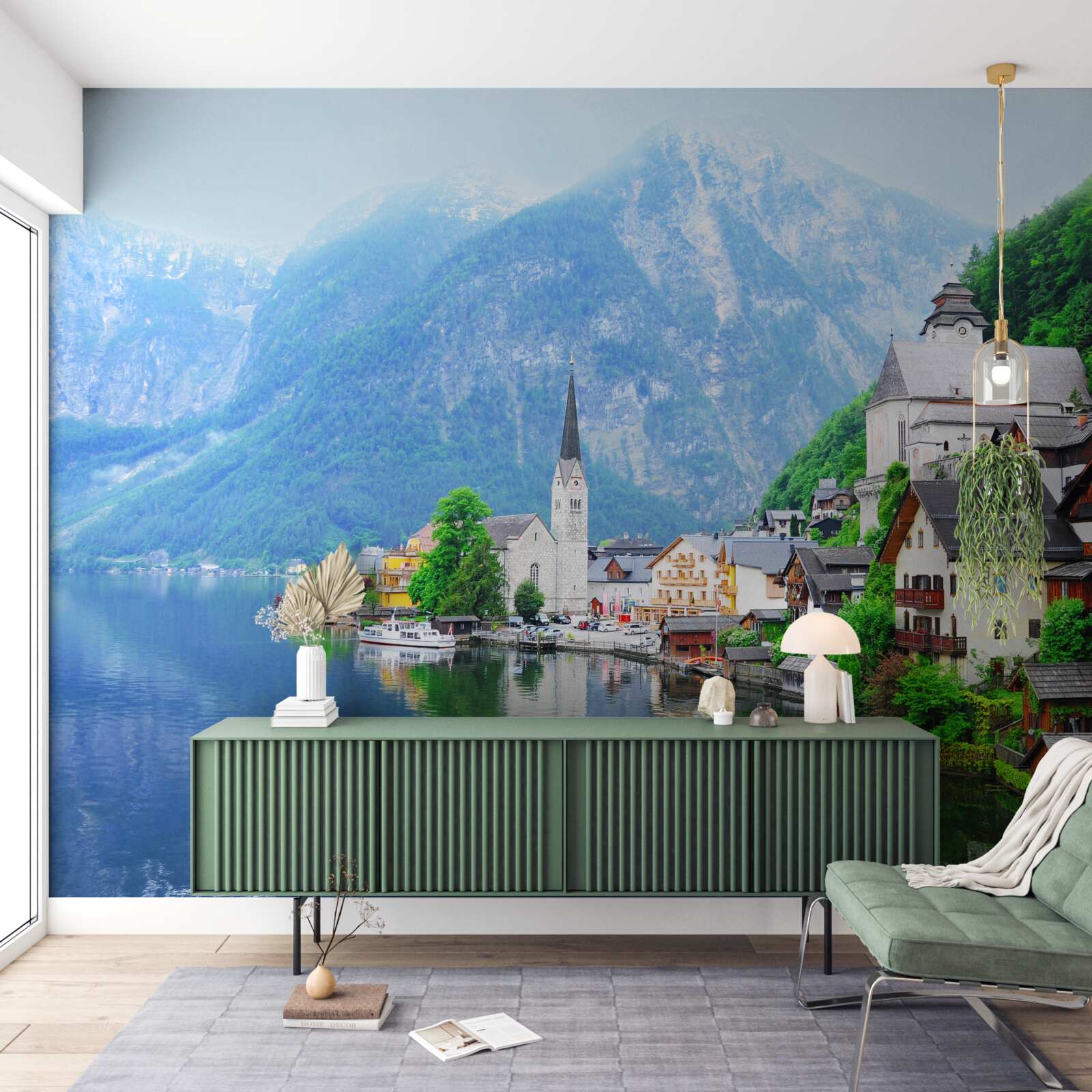 Fototapet sat elvețian liniștit la poalele muntelui, lângă iaz