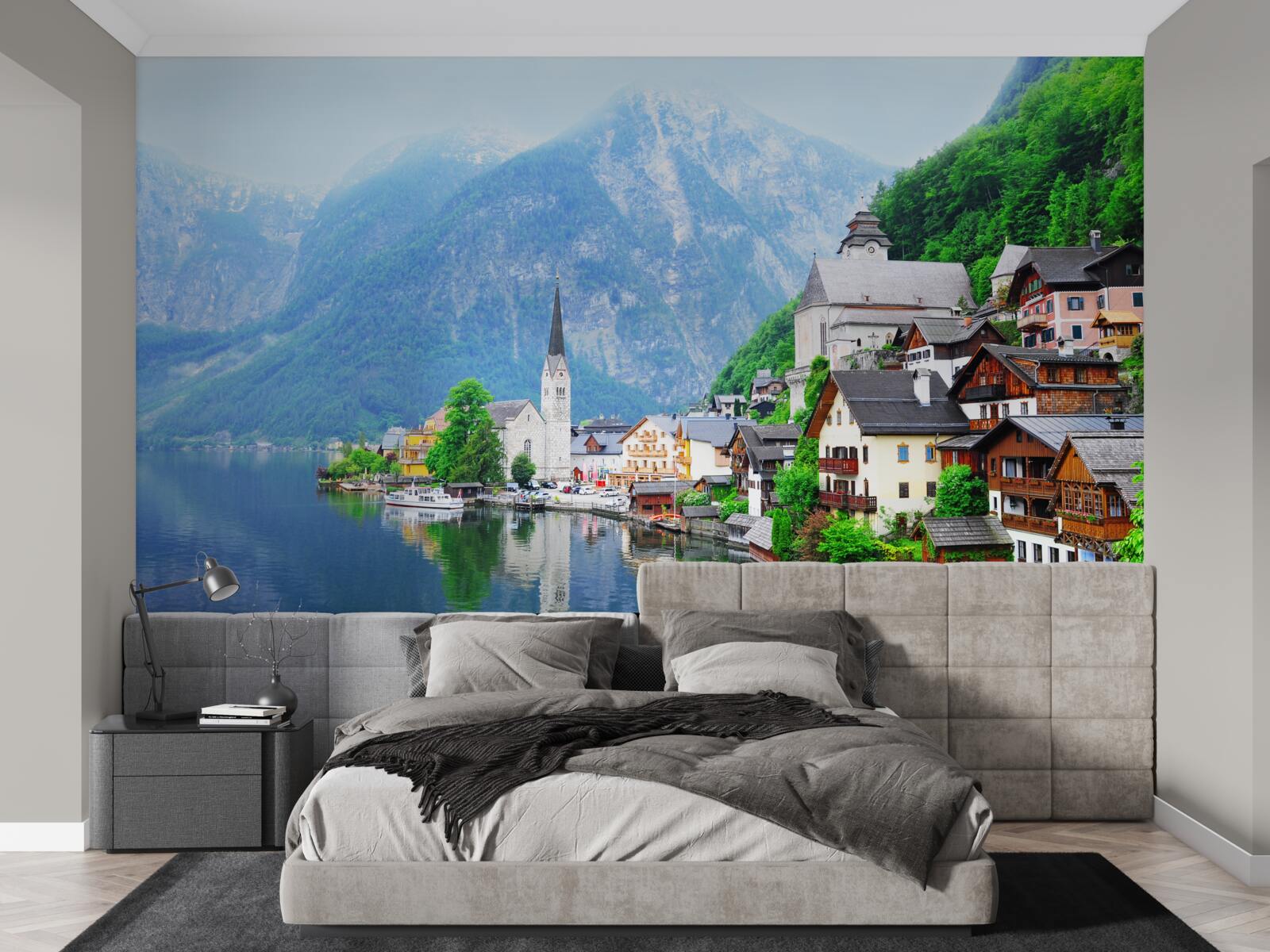 Fototapet sat elvețian liniștit la poalele muntelui, lângă iaz