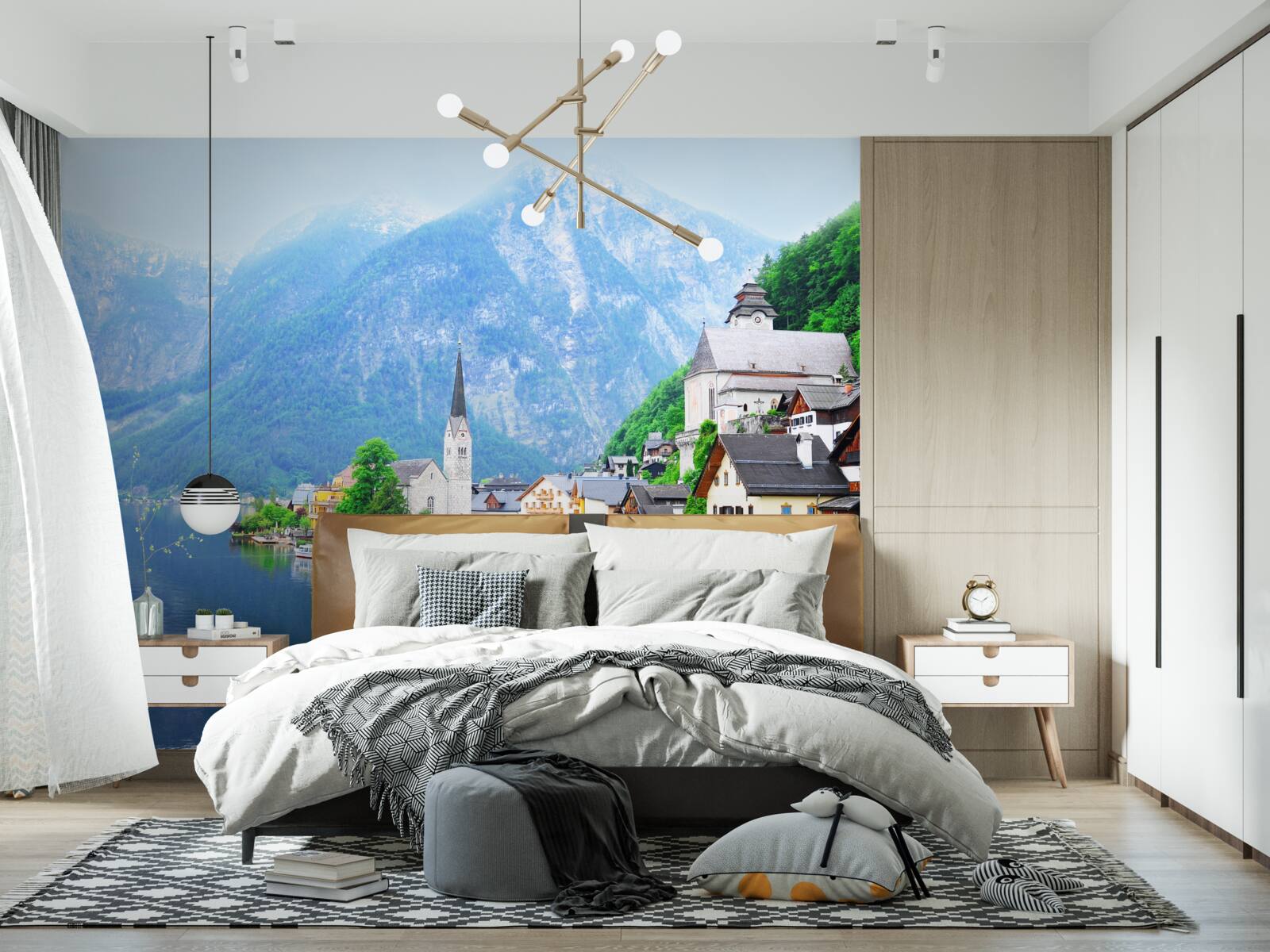 Fototapet sat elvețian liniștit la poalele muntelui, lângă iaz